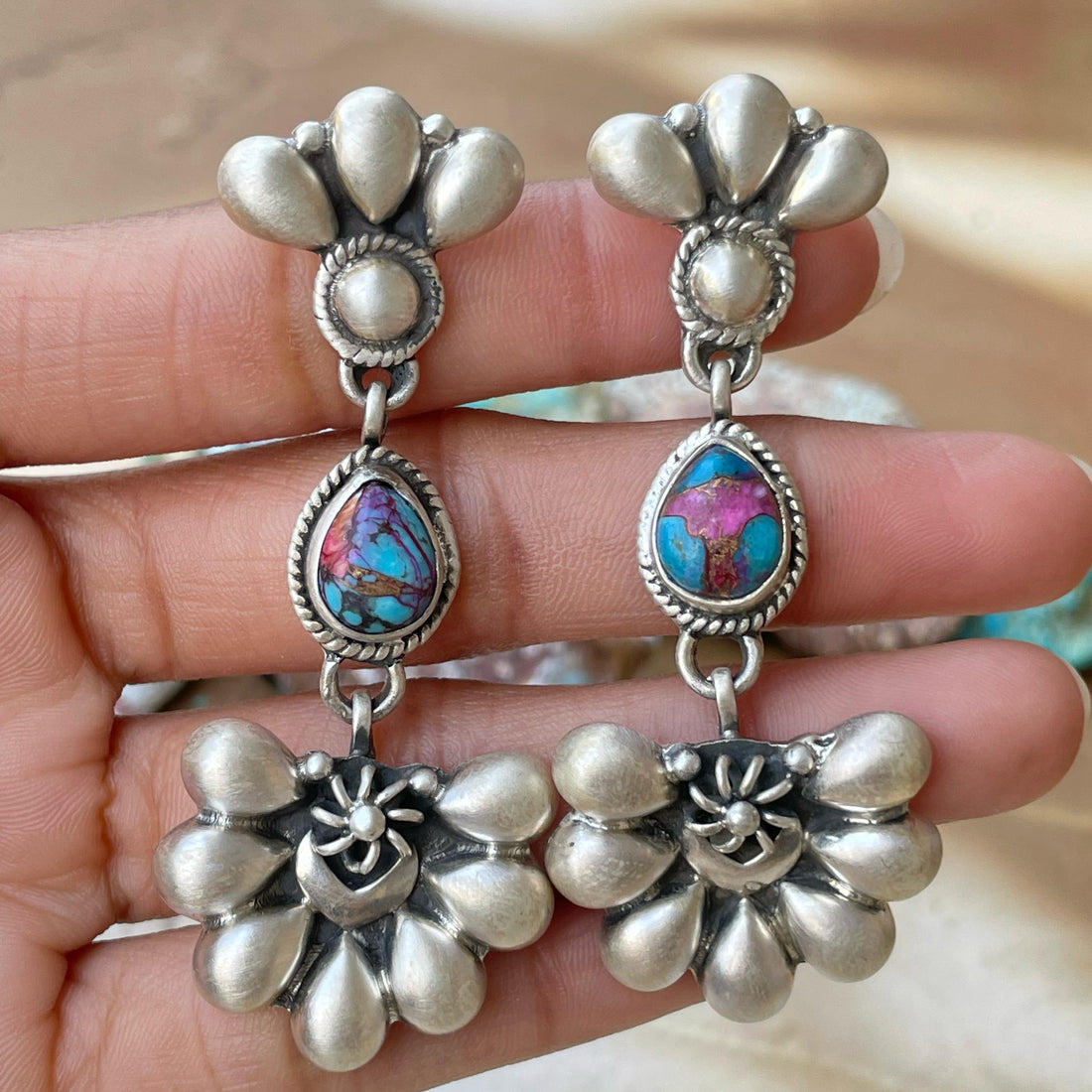 Handmade Sterling Silver Pink Dream post Earrings , Signed Nizhoni