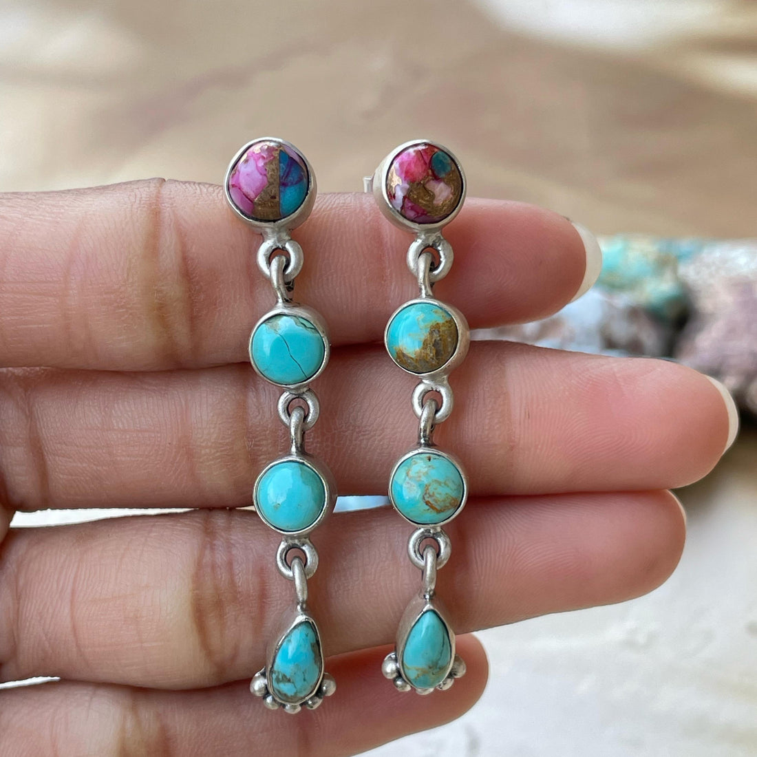 Handmade Sterling Silver Pink Dream with Mojave post Earrings , Signed Nizhoni