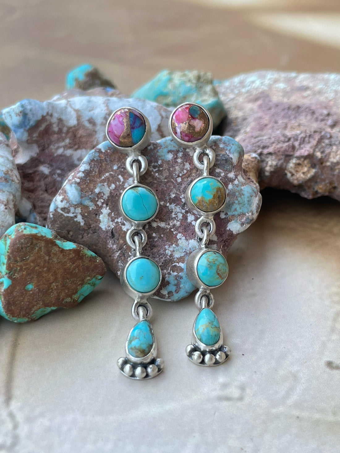 Handmade Sterling Silver Pink Dream with Mojave post Earrings , Signed Nizhoni