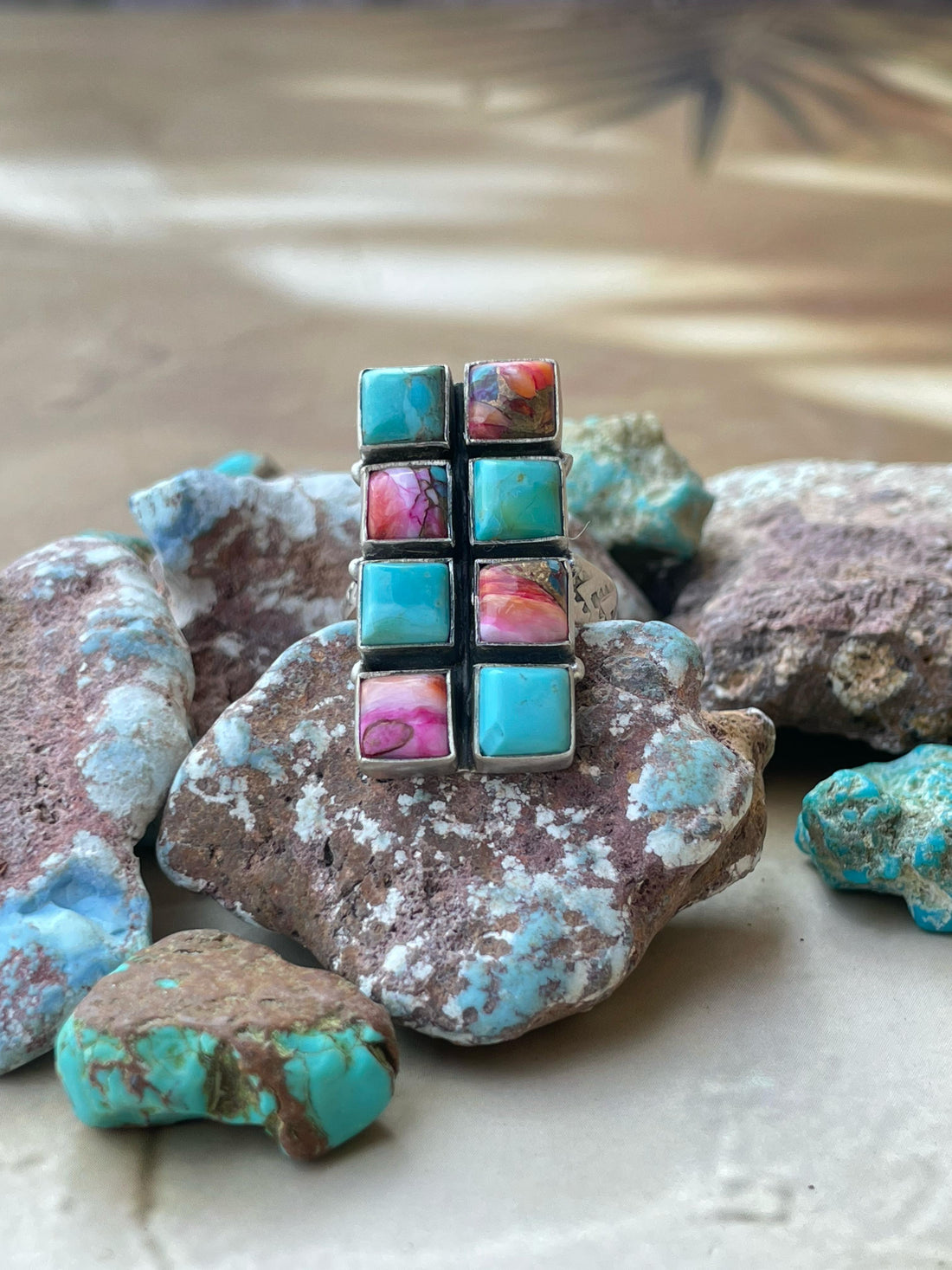 Handmade Sterling Silver Pink dream With Mojave Turquoise adjustable ring , signed Nizhoni