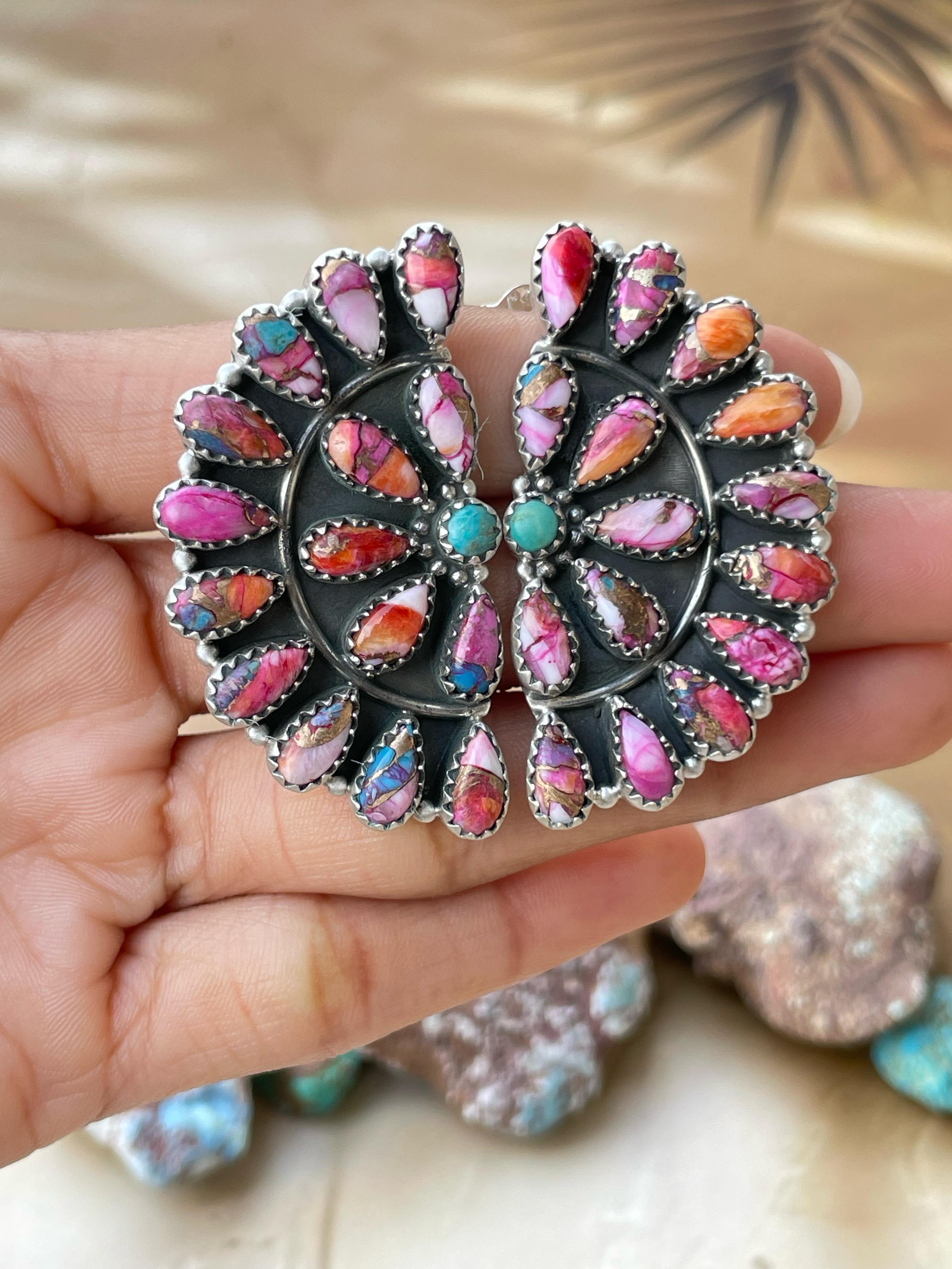 Handmade Sterling Silver Pink Dream with Mojave post Earrings , Signed Nizhoni