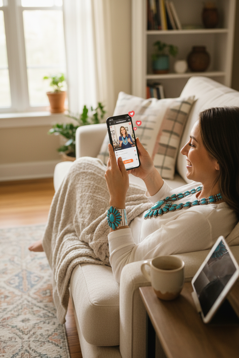 can you generate an image in 4x5 dimension. The picture should show a women watching our live shows on their mobile phone and shopping. The woman could be wearing a necklace or bracelet, from our colelctions.