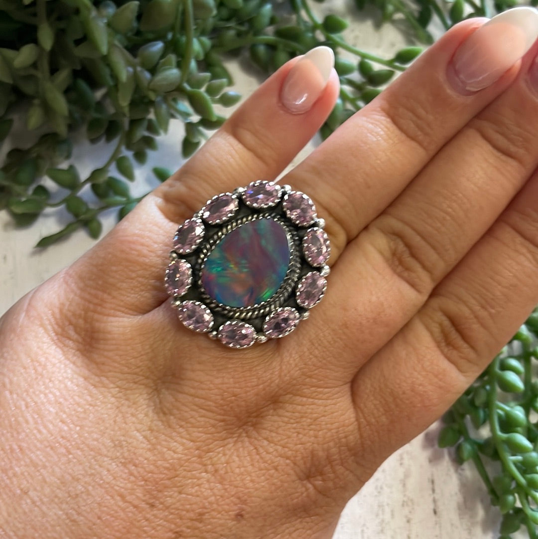 Nizhoni Handmade Arora Opal, Pink Cz And Sterling Silver Adjustable Ring