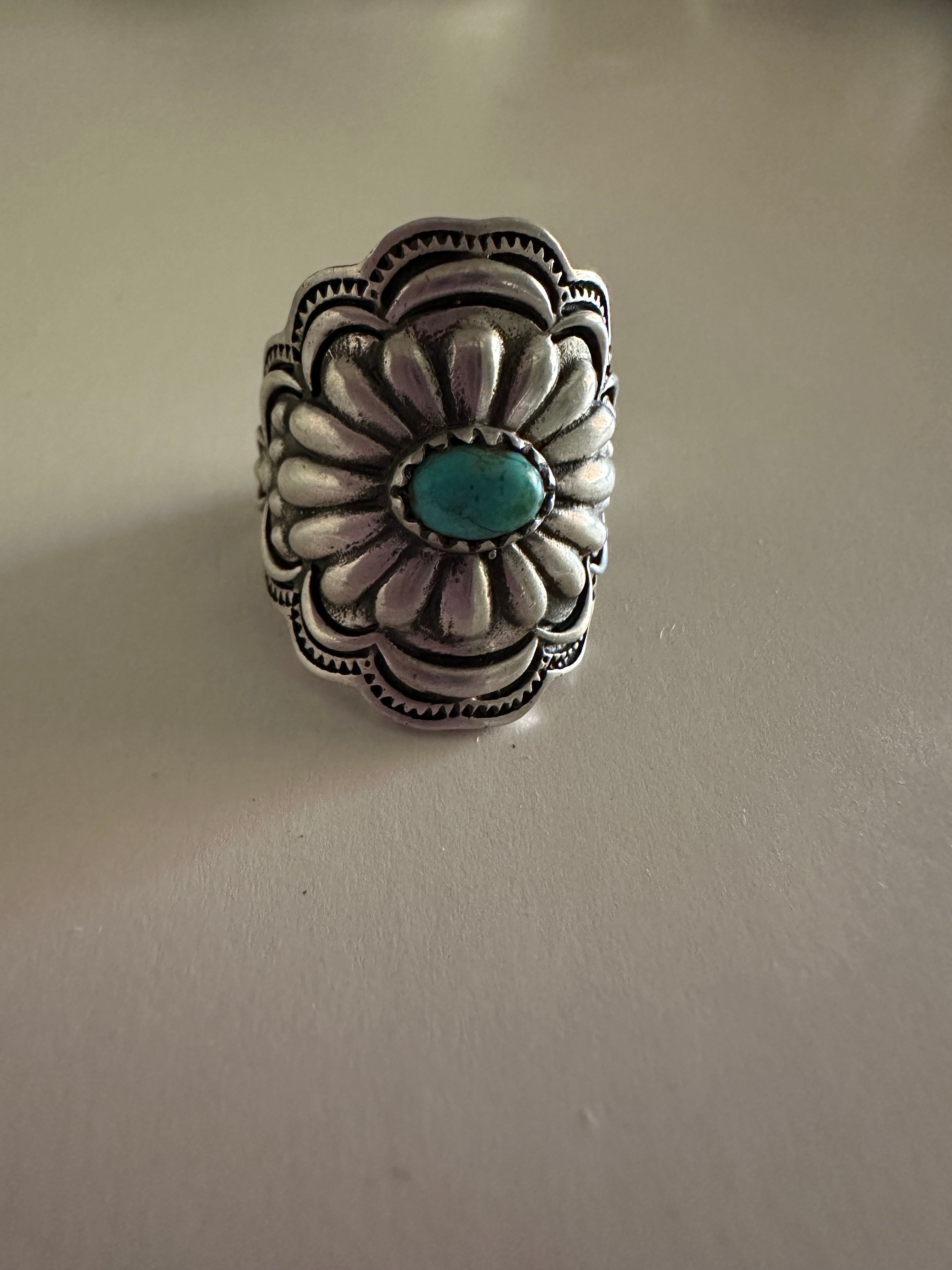 Beautiful Concho Handmade Turquoise And Sterling Silver Adjustable Ring