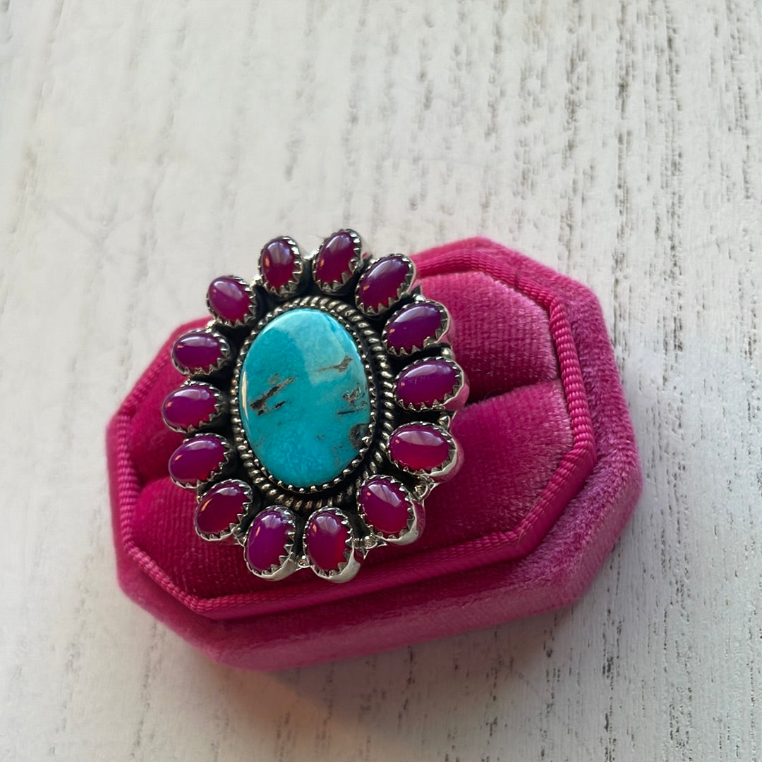 Handmade Pink Onyx & Turquoise Sterling Silver Adjustable Ring Signed Nizhoni