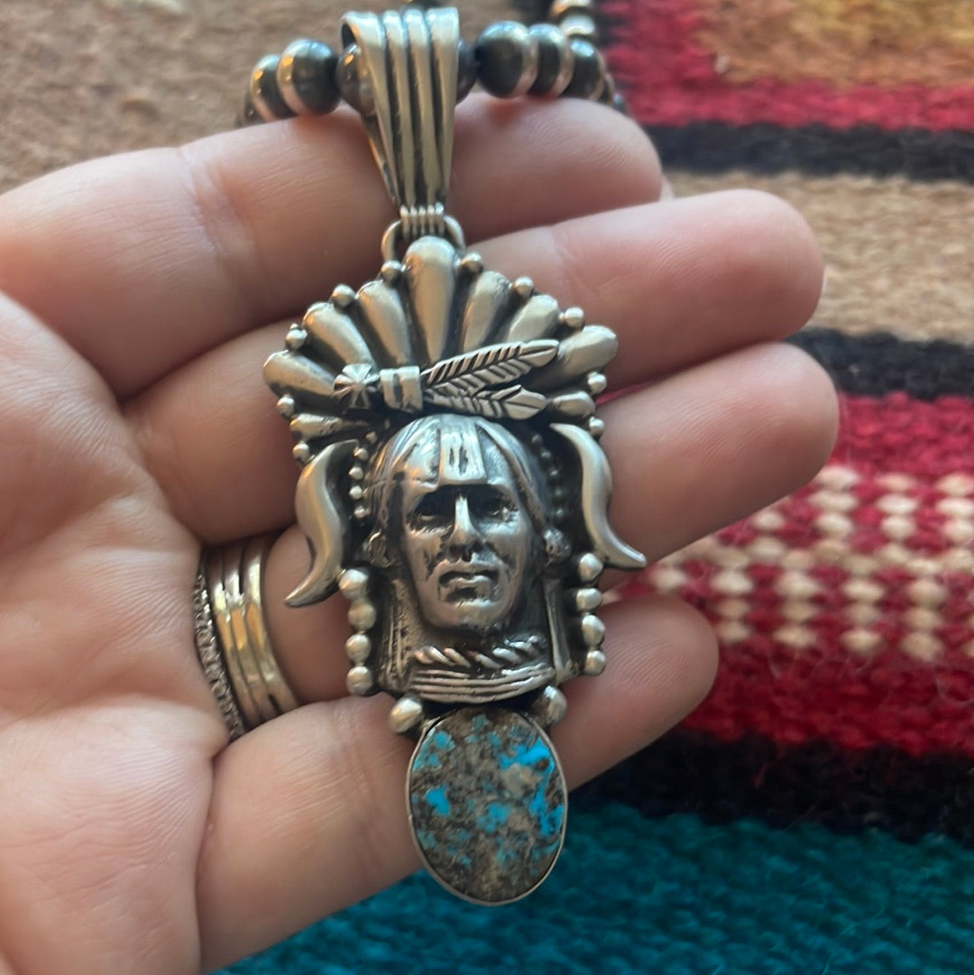 Beautiful Navajo Sterling Silver & Turquoise Chief Pendant Signed Russell Sam