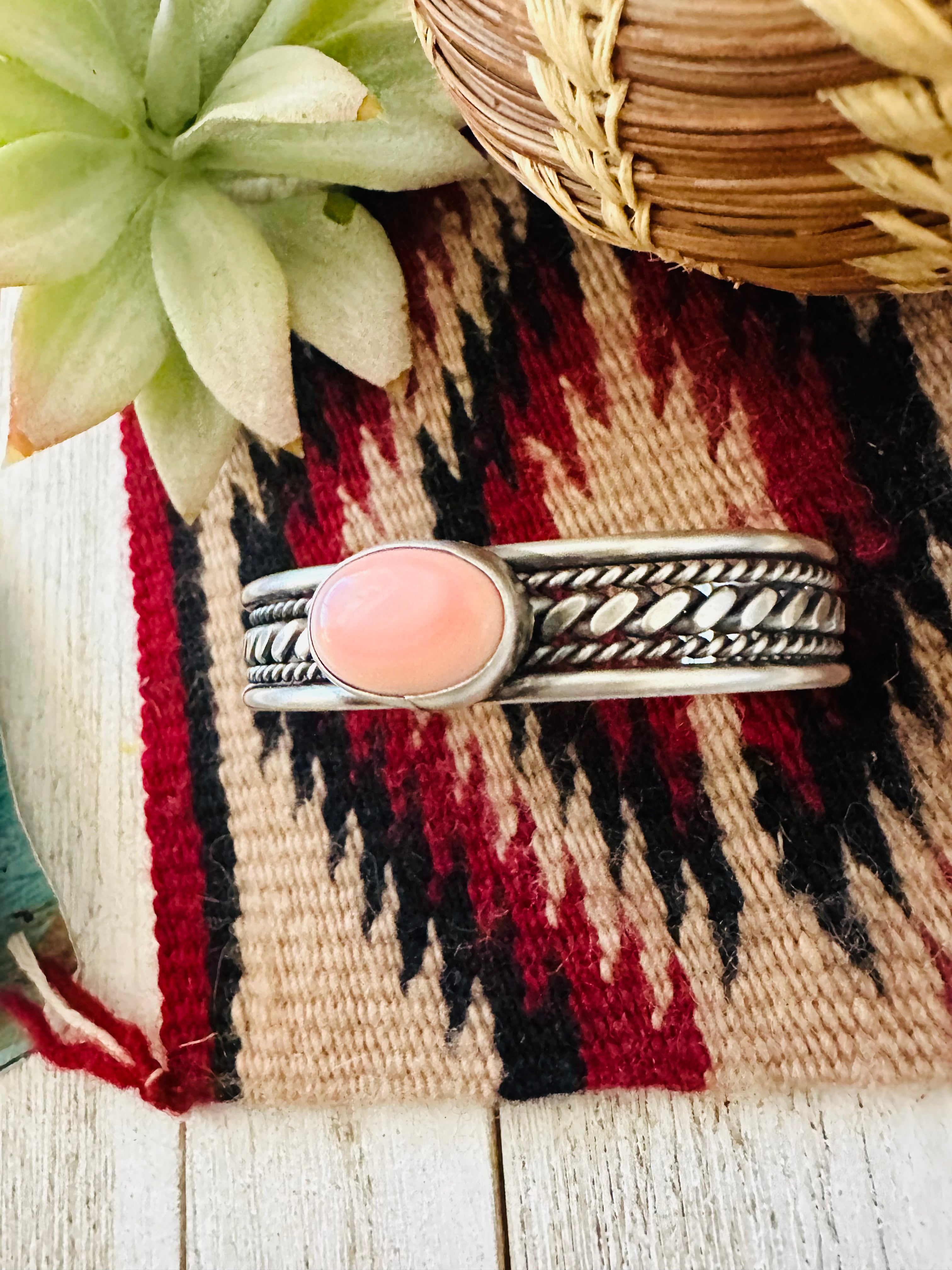 Navajo Queen Pink Conch Shell & Sterling Silver Cuff Bracelet