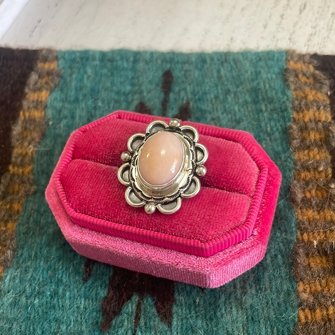 Gorgeous Navajo Pink Peruvian Opal And Sterling Silver Adjustable Ring Signed