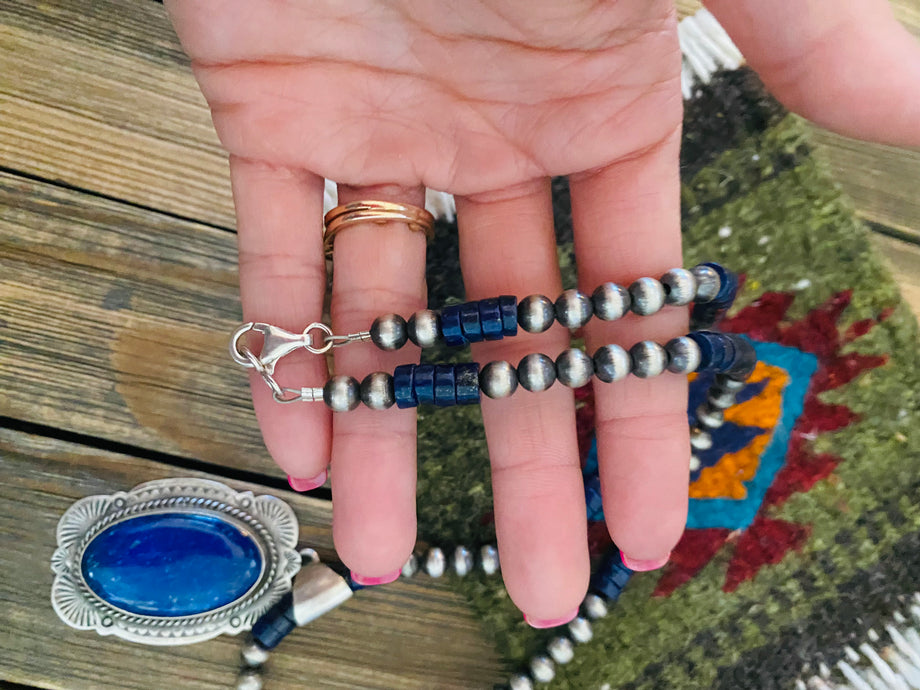 Native American Lapis and Silver Beaded Necklace | Theresa Belone