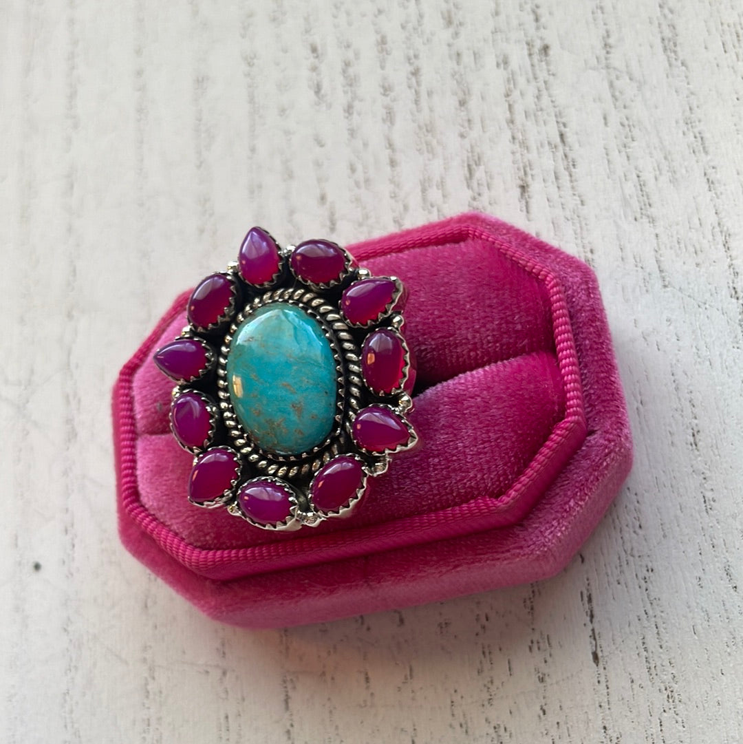 Handmade Pink Onyx & Turquoise Sterling Silver Adjustable Ring Signed Nizhoni