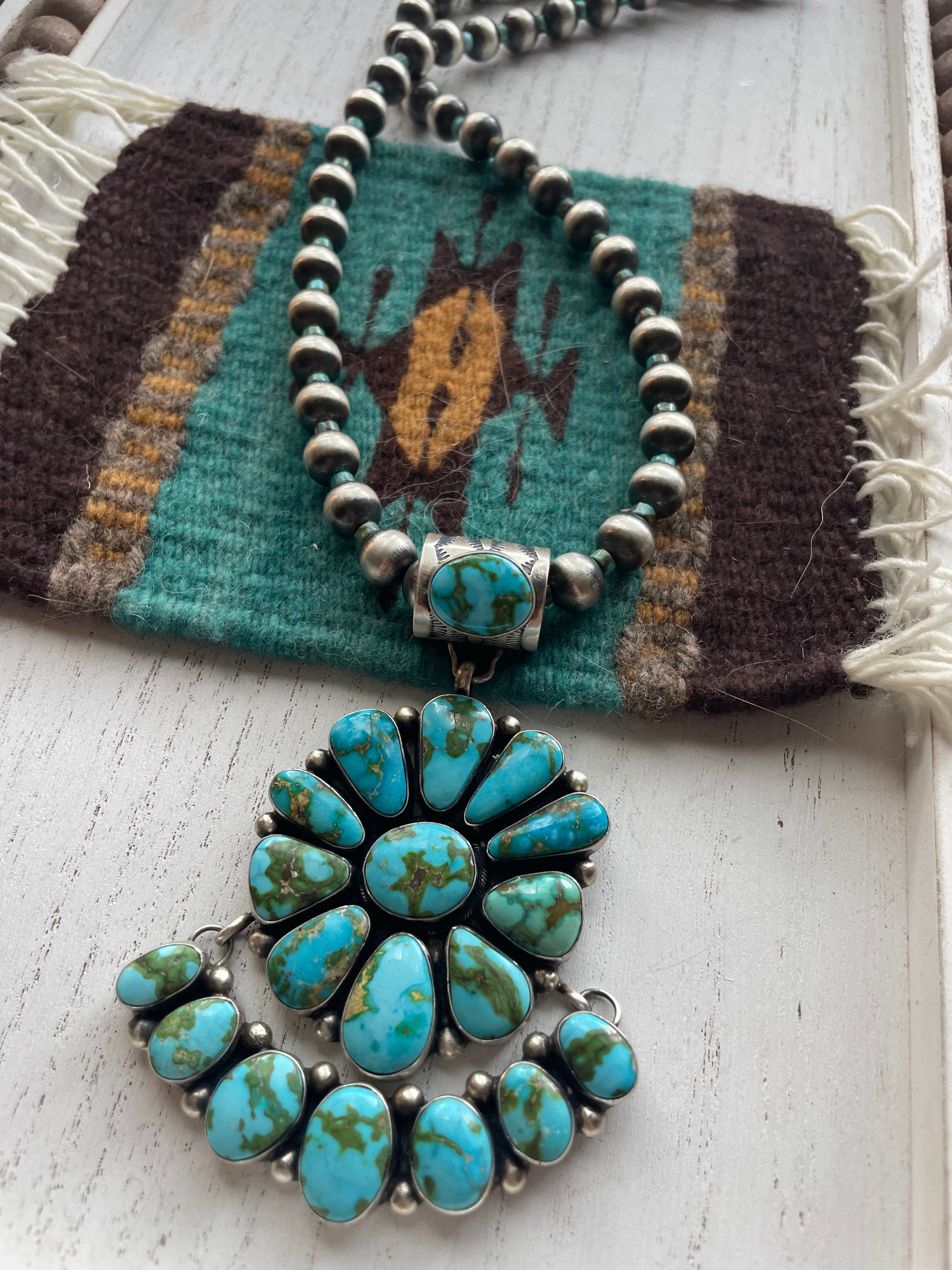 Beautiful Navajo Sterling Silver Turquoise Necklace Signed