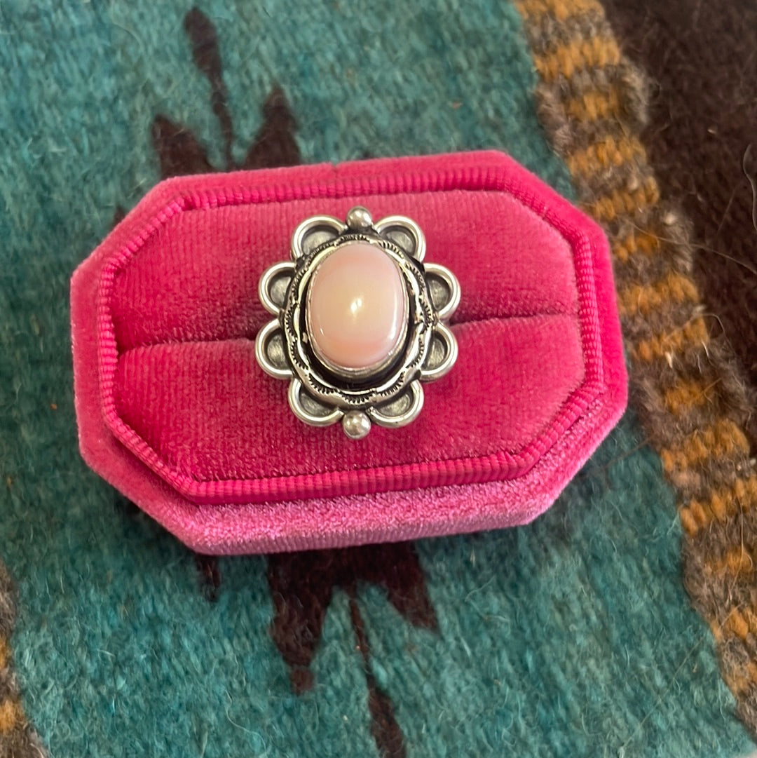 Gorgeous Navajo Pink Peruvian Opal And Sterling Silver Adjustable Ring Signed