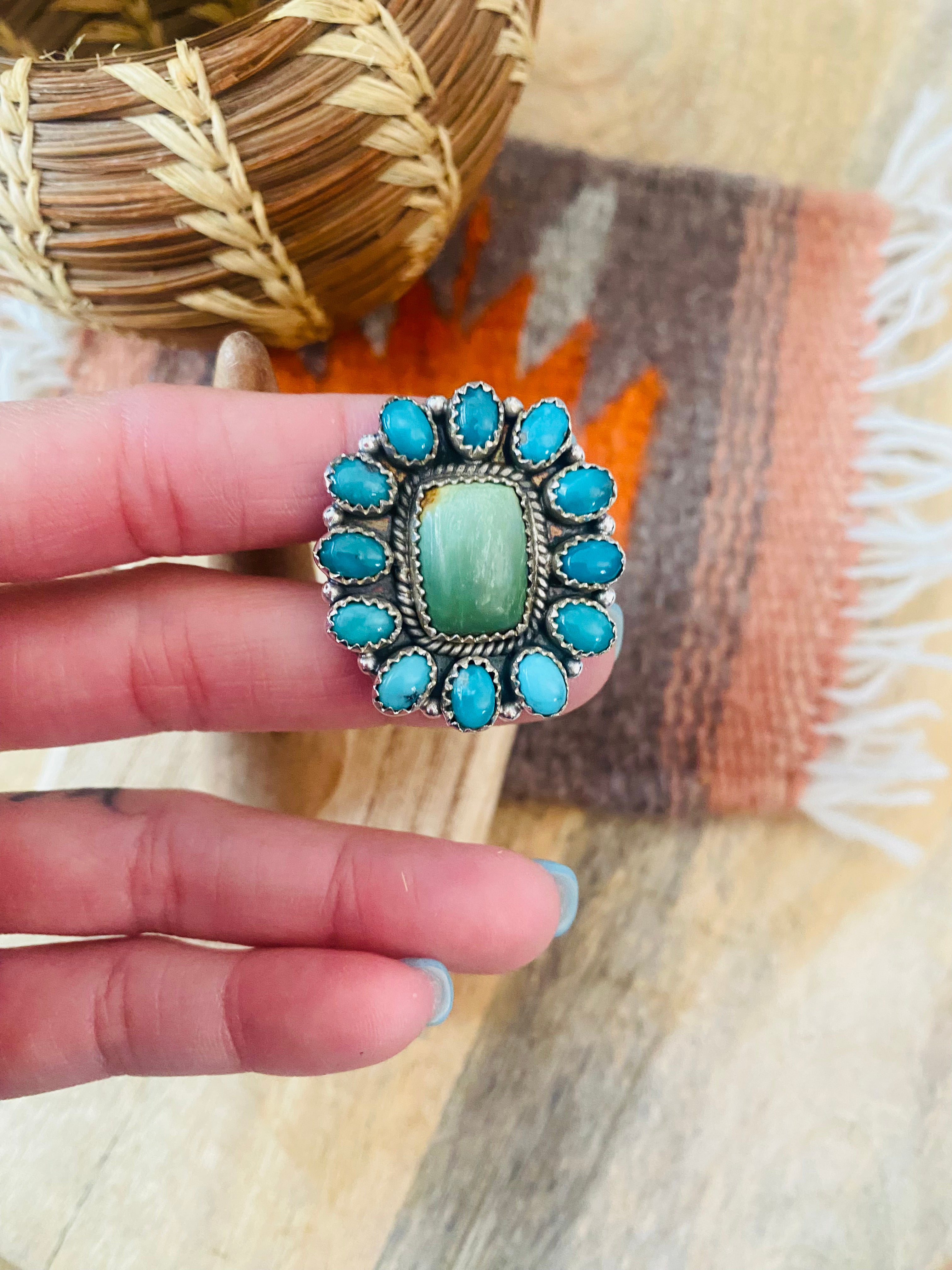 Handmade Sterling Silver, Variscite & Turquoise Cluster Adjustable Ring