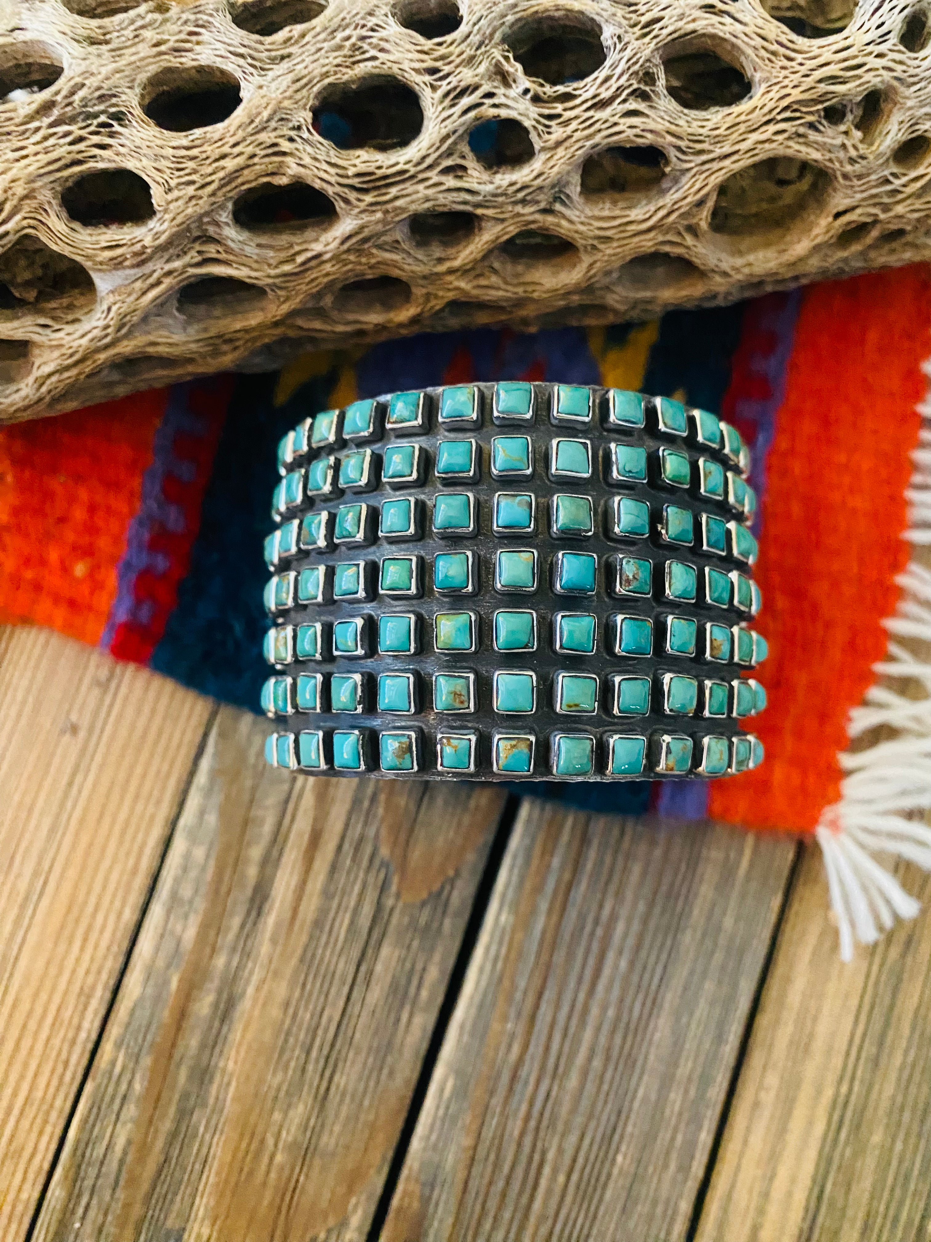 Navajo Kingman Turquoise And Sterling Silver Cluster Cuff Bracelet By Ernest Rangel