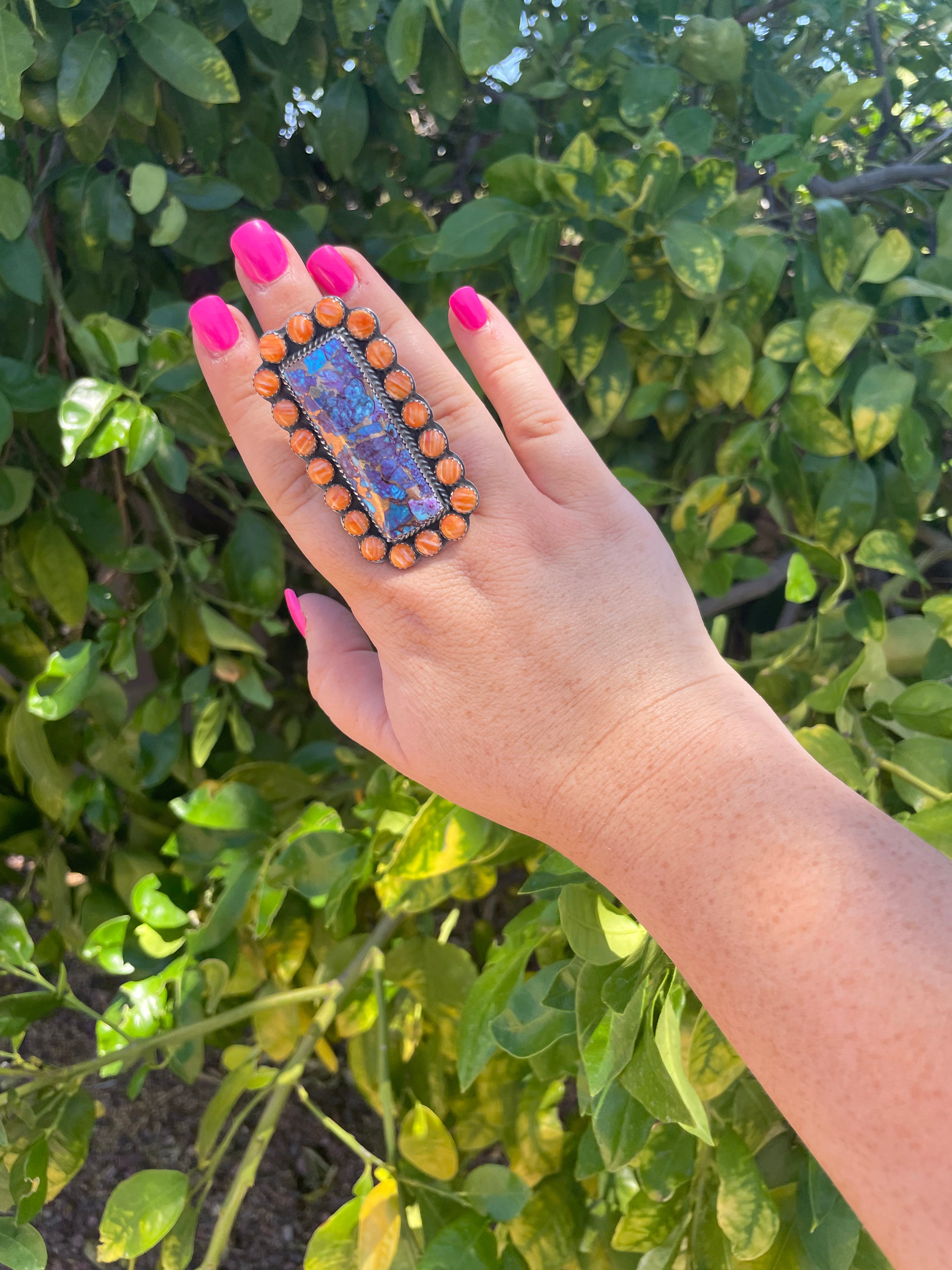 Navajo Orange Spiny, Purple Dream & Sterling Silver Adjustable Ring Signed P Yazzie