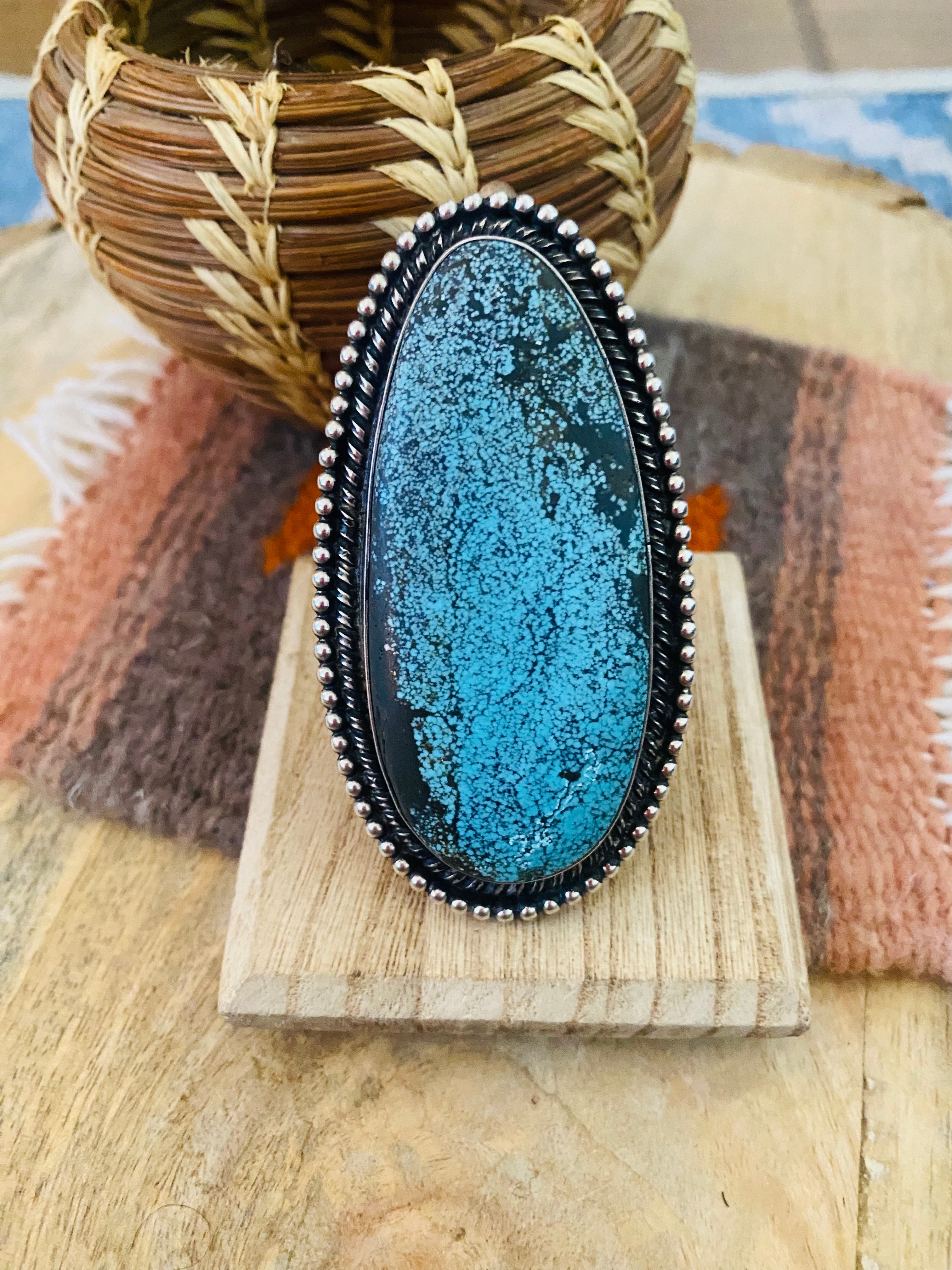 Navajo Natural Turquoise & Sterling Silver Ring Size 11