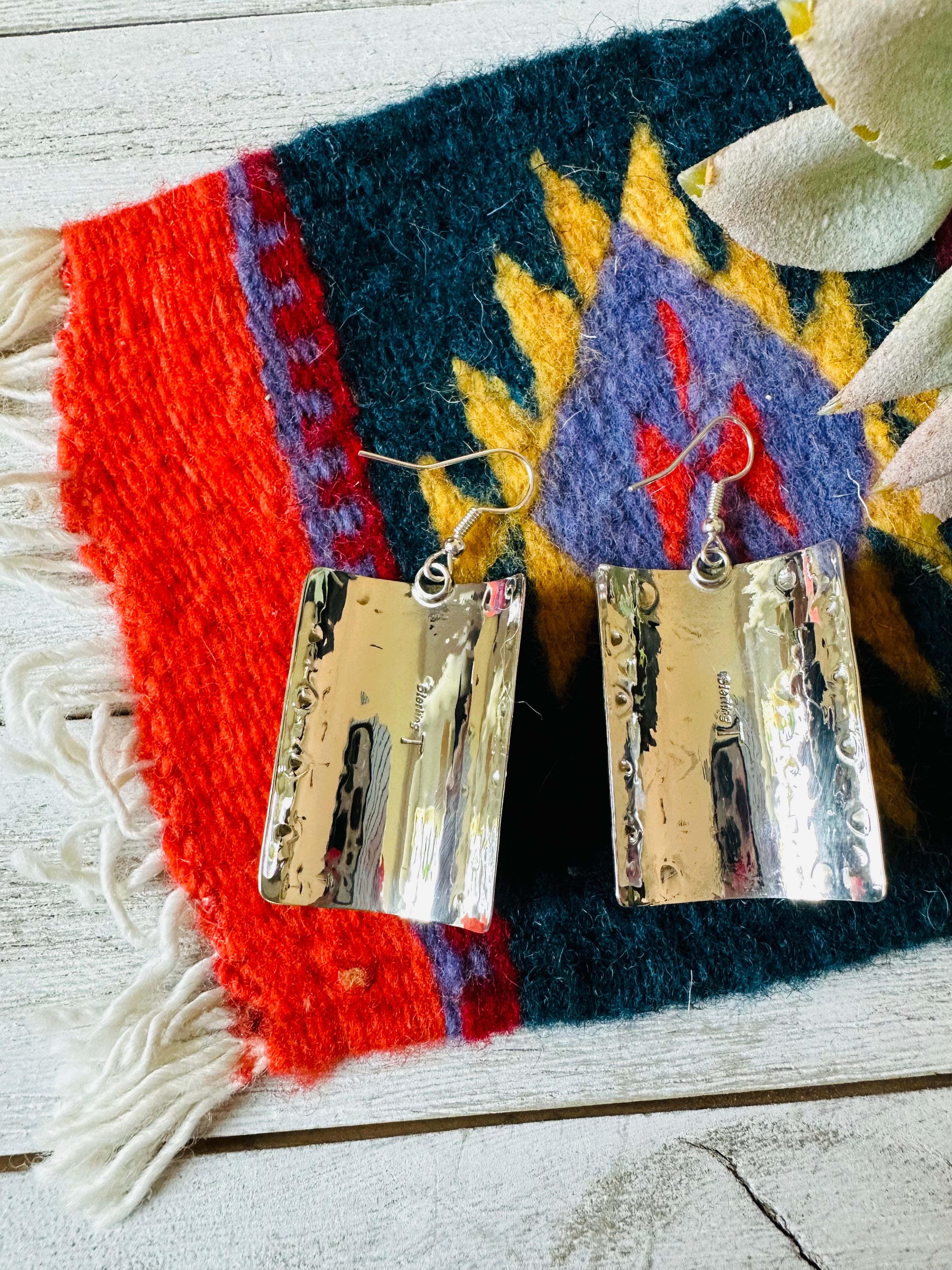 Navajo Hand Stamped Sterling Silver & Turquoise Dangle Earrings