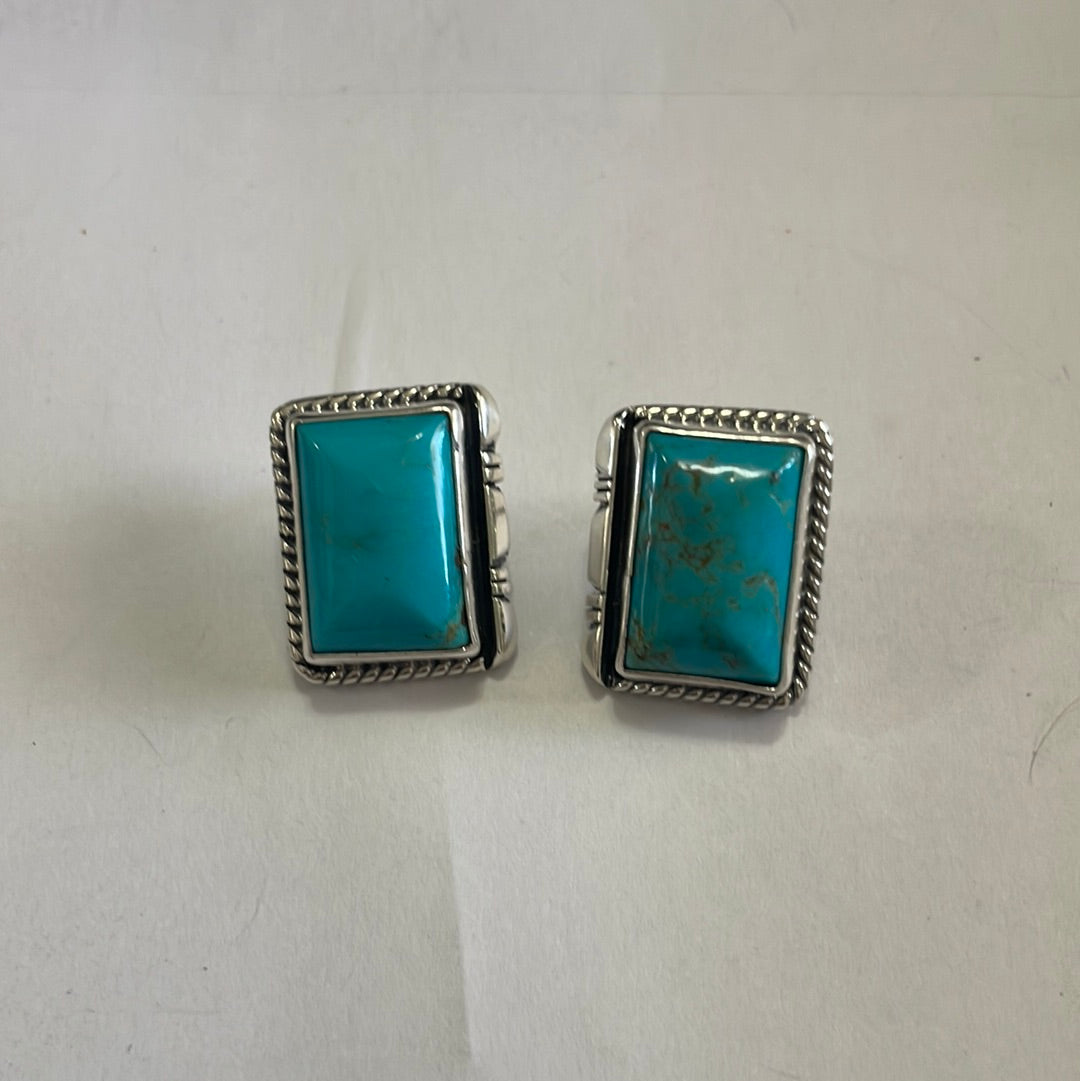 Navajo Turquoise & Sterling Silver Rectangle Earrings Signed