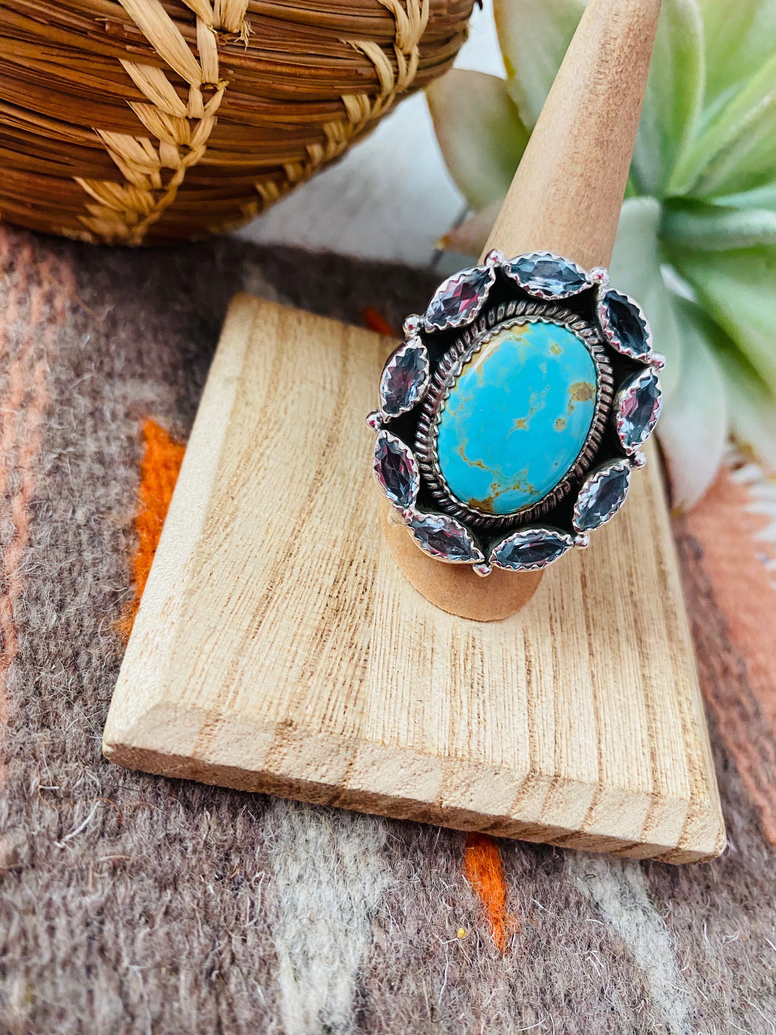 Handmade Sterling Silver, Turquoise & Topaz Cluster Adjustable Ring