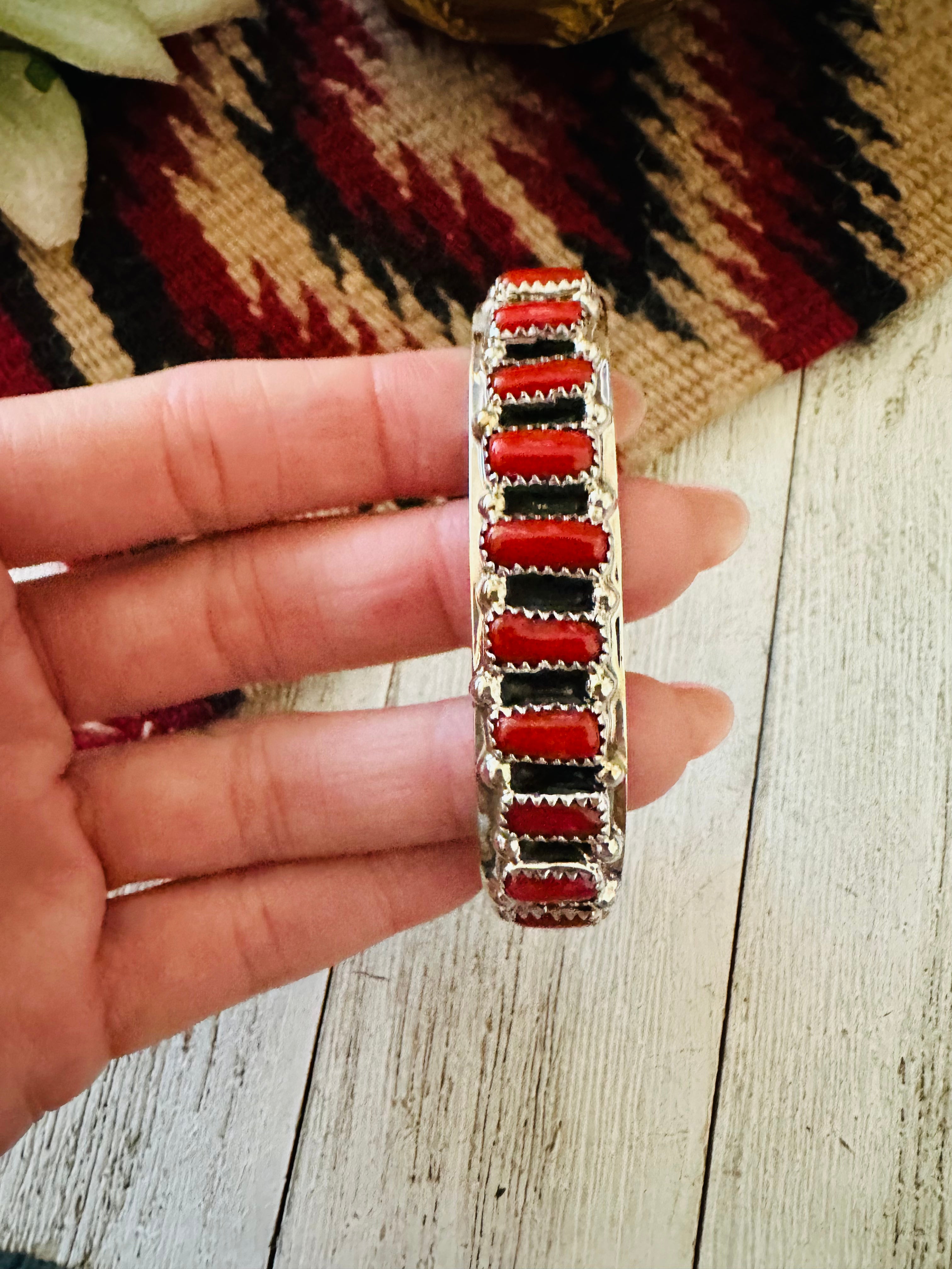 Navajo Coral & Sterling Silver Cuff Bracelet Signed