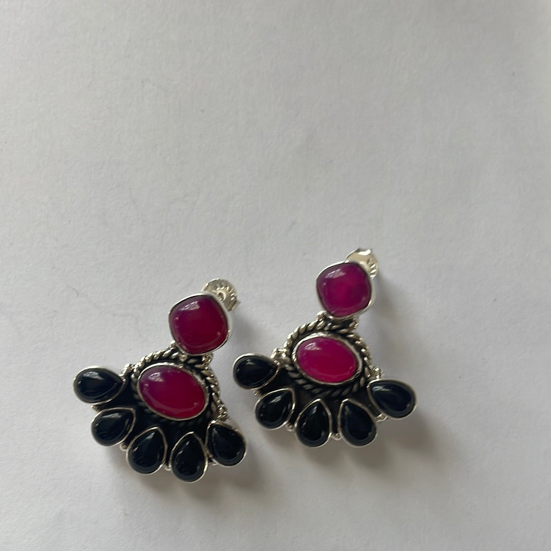 Beautiful Handmade Pink & Black Onyx & Sterling Silver Post Earrings Signed Nizhoni