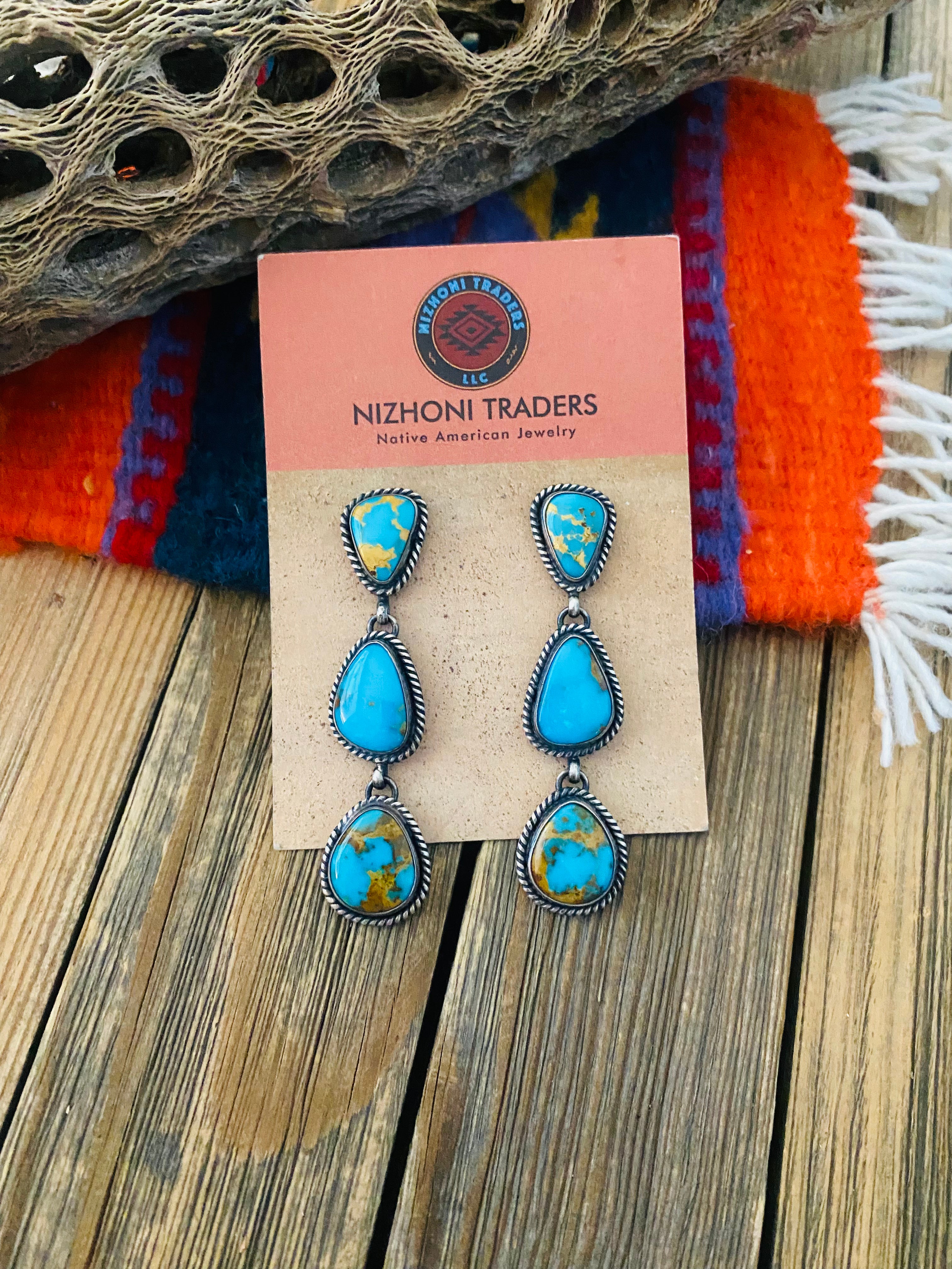 Navajo Sterling Silver & Kingman Turquoise Dangle Earrings