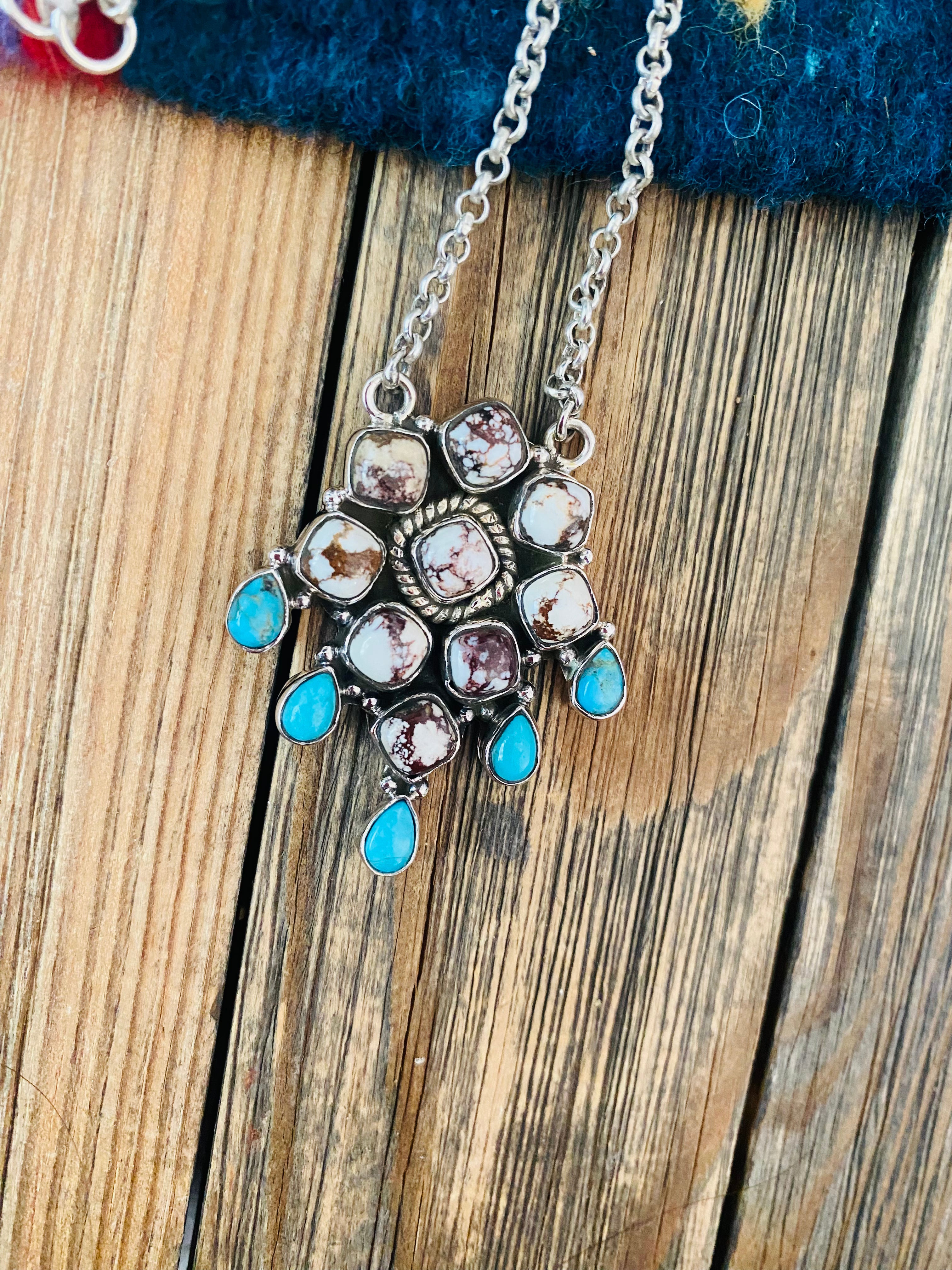 Handmade Sterling Silver, Wild Horse & Turquoise Cluster Necklace