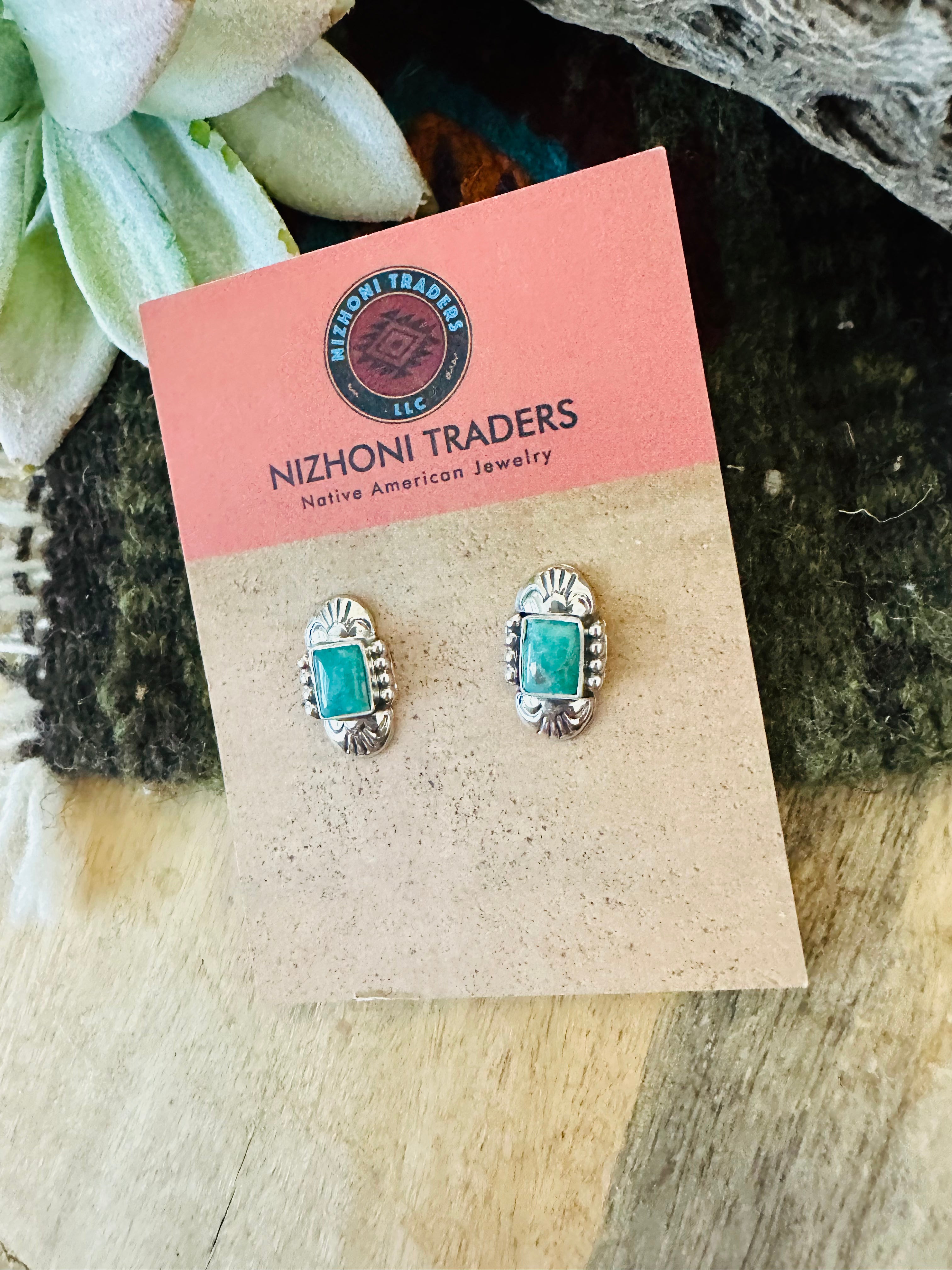 Navajo Turquoise & Sterling Silver Rectangle Stud Earrings