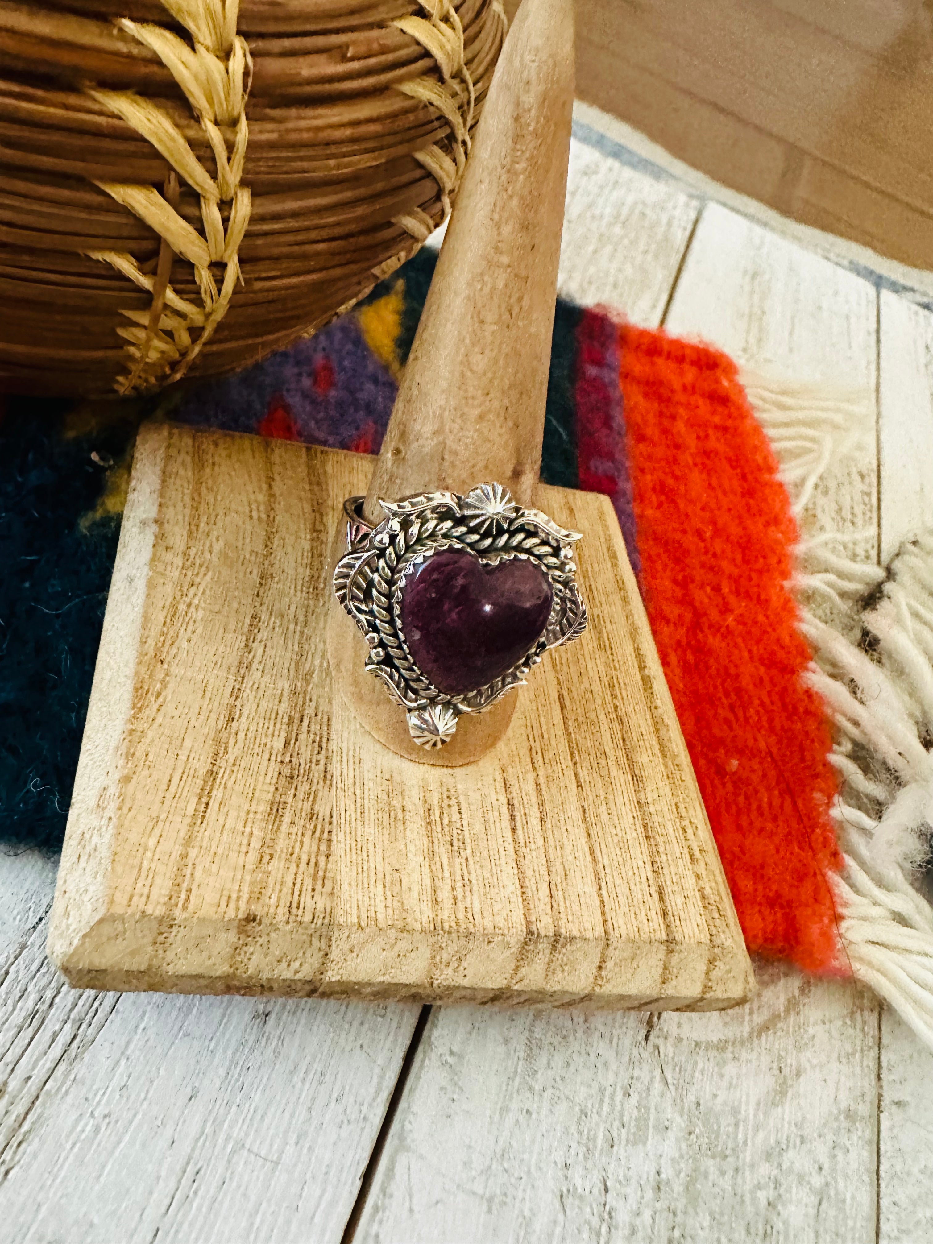 Handmade Sterling Silver & Purple Spiny Heart Adjustable Ring