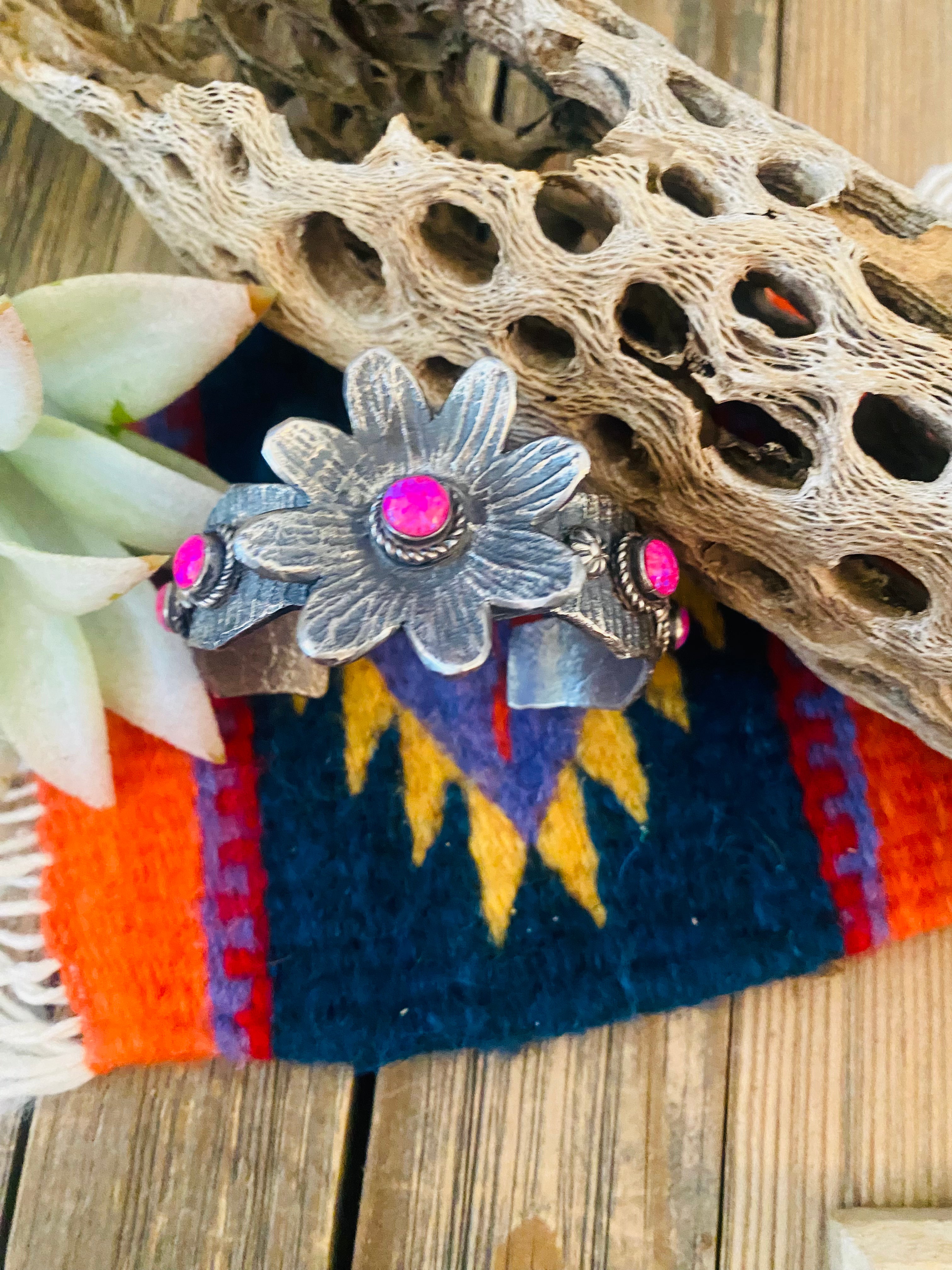 Navajo Pink Opal & Sterling Silver Flower Cuff Bracelet