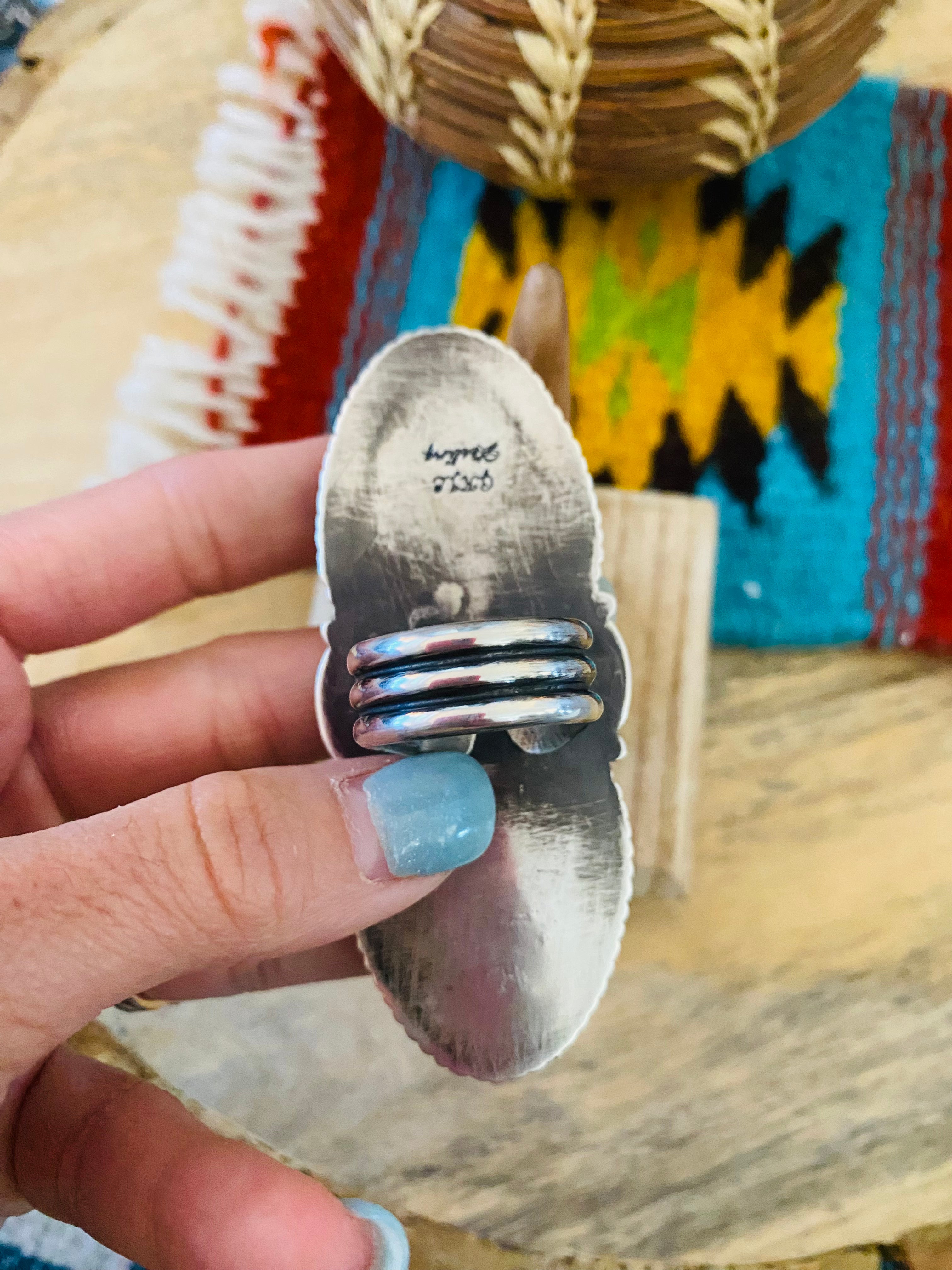 Navajo Kingman Turquoise, Coral & Sterling Silver Adjustable Ring