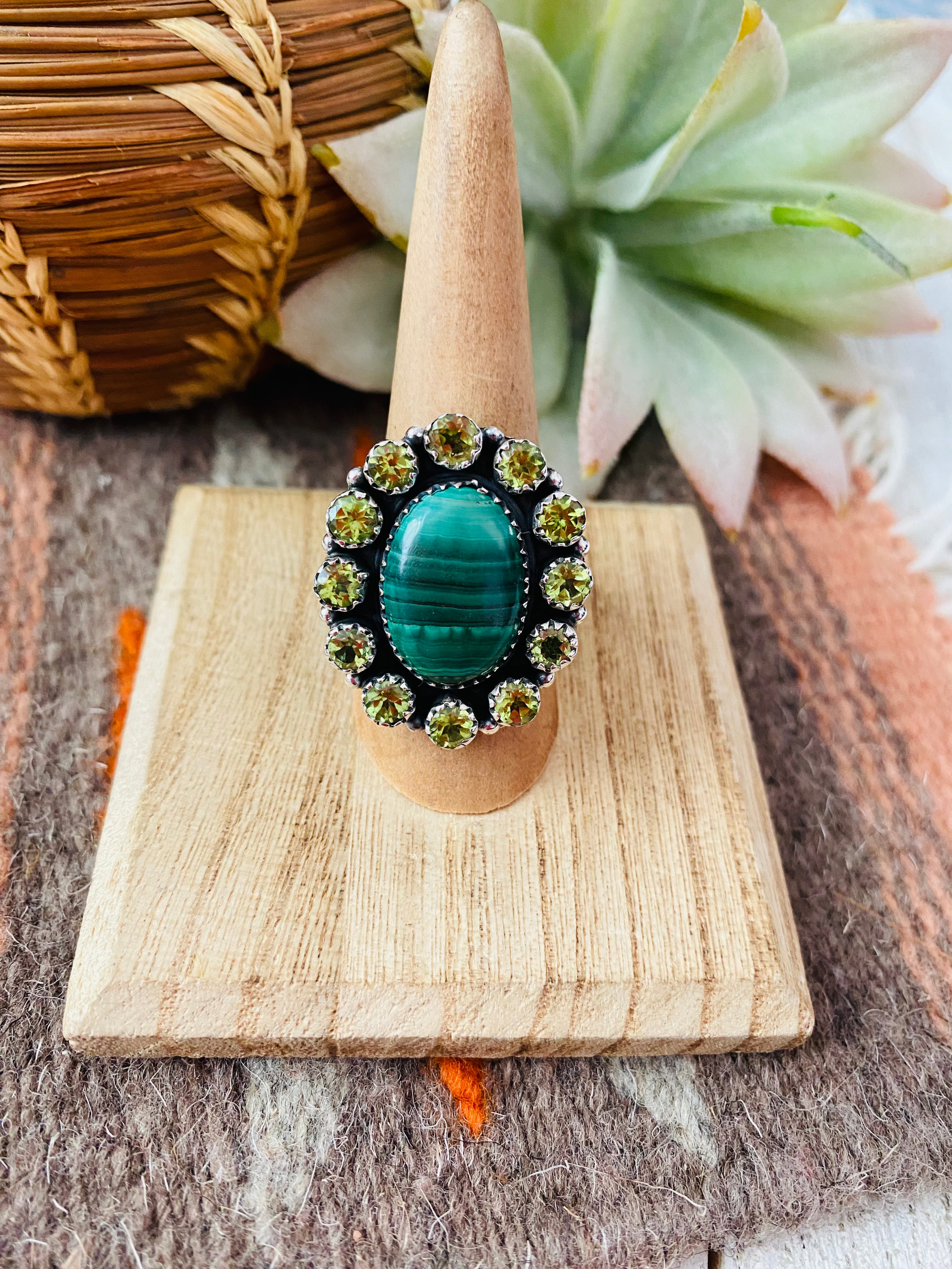 Handmade Sterling Silver, Malachite & Peridot Cluster Adjustable Ring