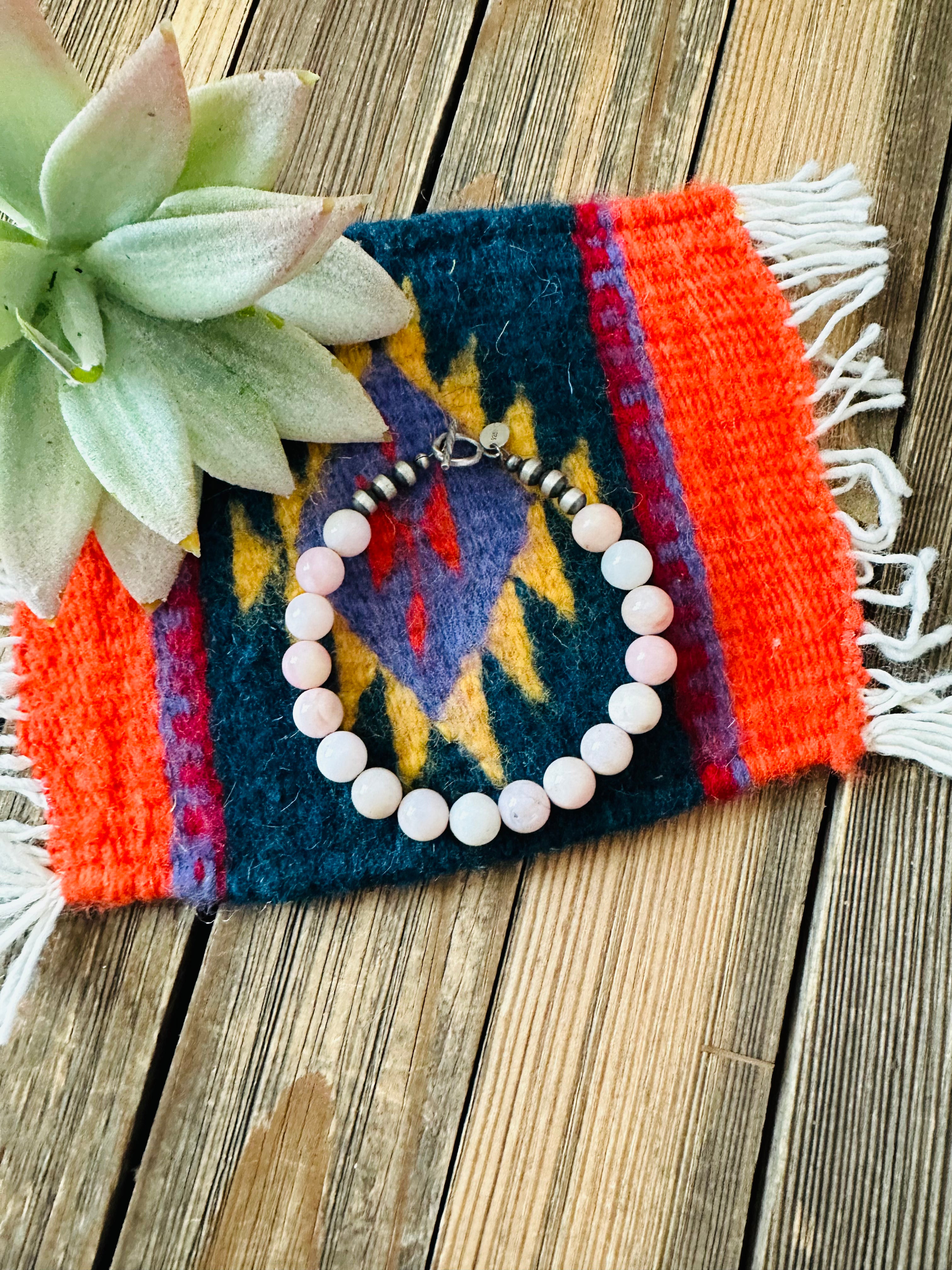 Navajo Queen Pink Conch Shell & Sterling Silver Beaded Bracelet