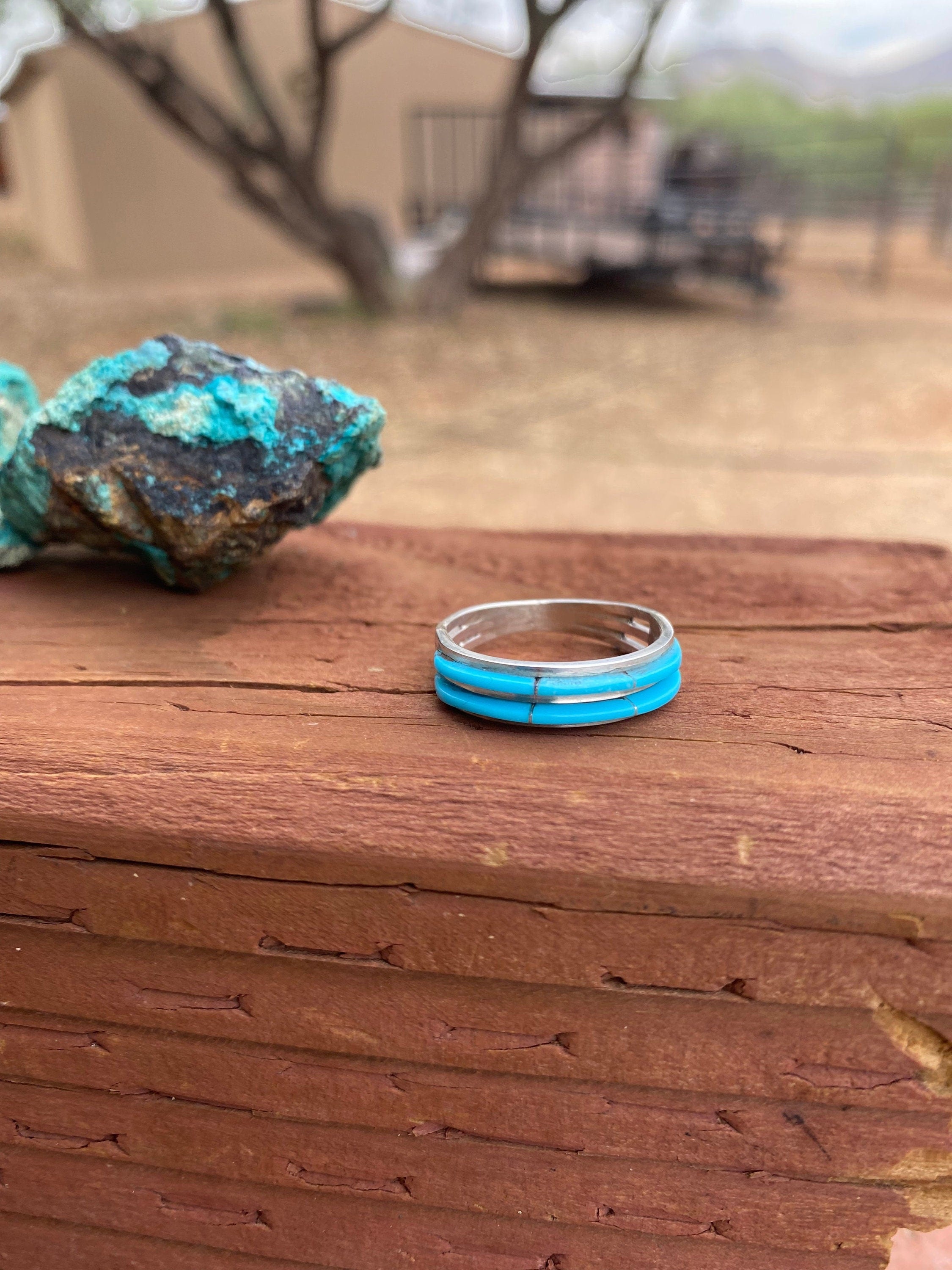 Zuni Sterling Silver & Double Row Turquoise Stone rolled Inlay Band Ring