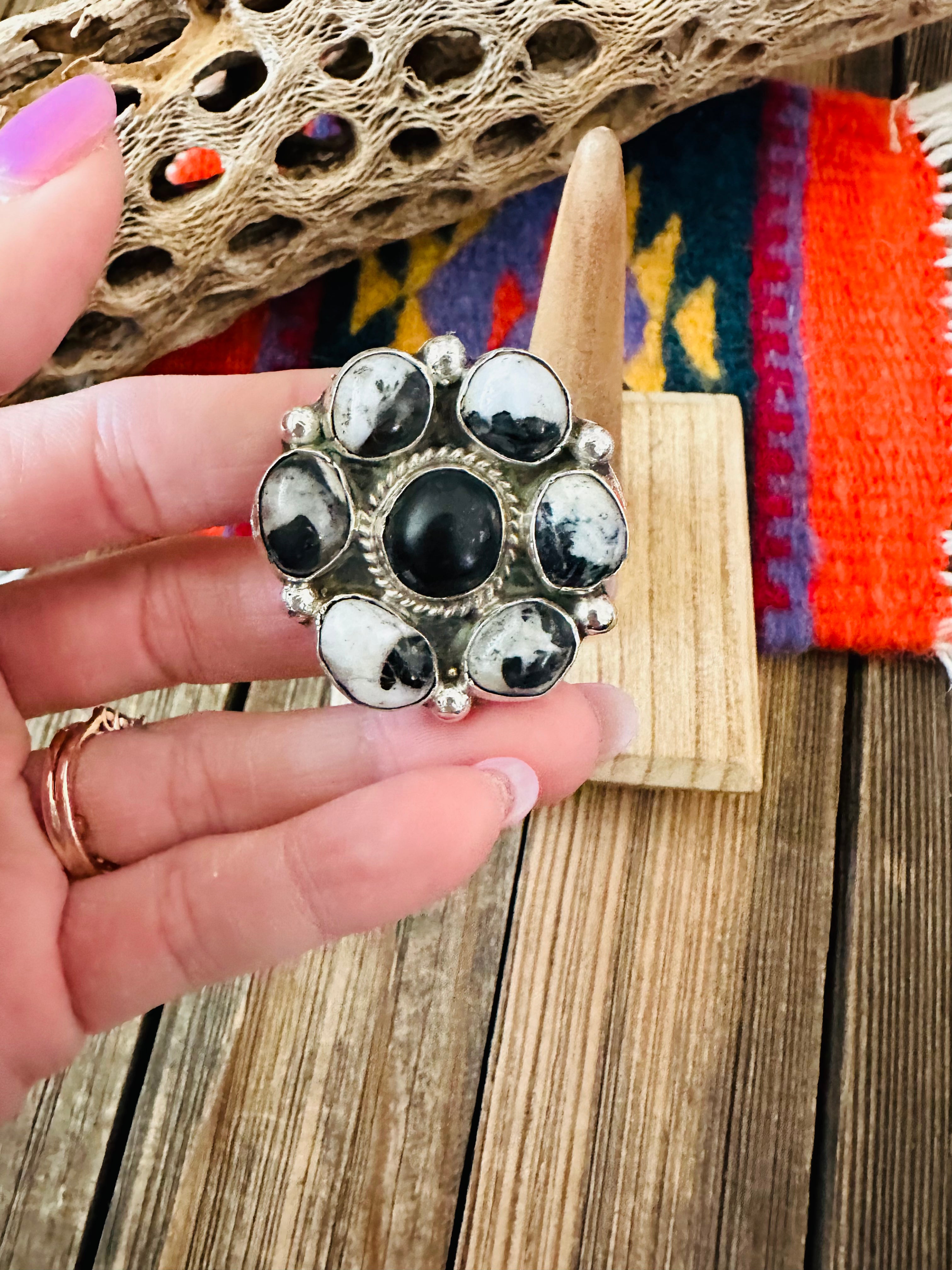 Navajo Sterling Silver And White Buffalo Cluster Adjustable Ring