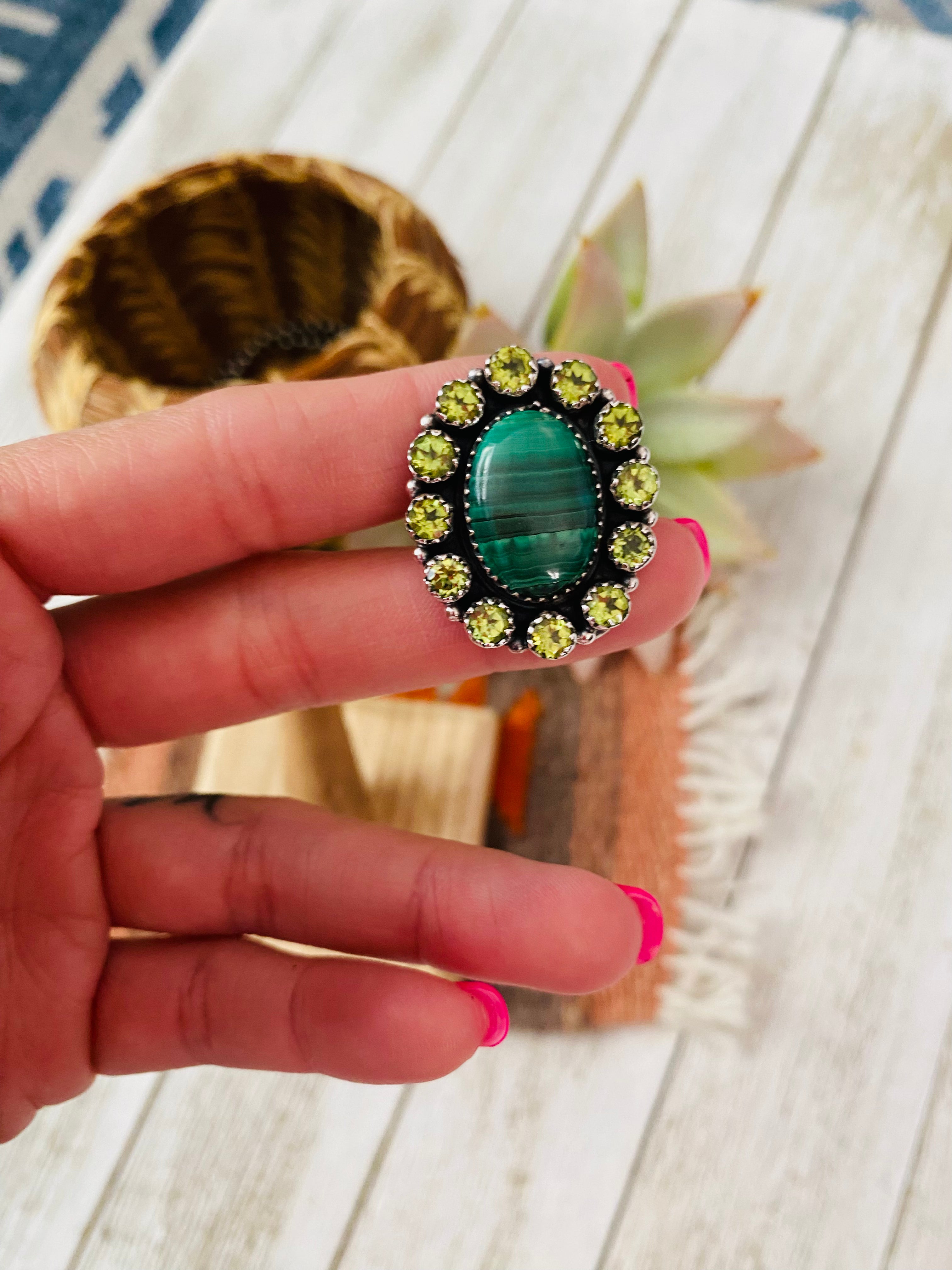 Handmade Sterling Silver, Malachite & Peridot Cluster Adjustable Ring