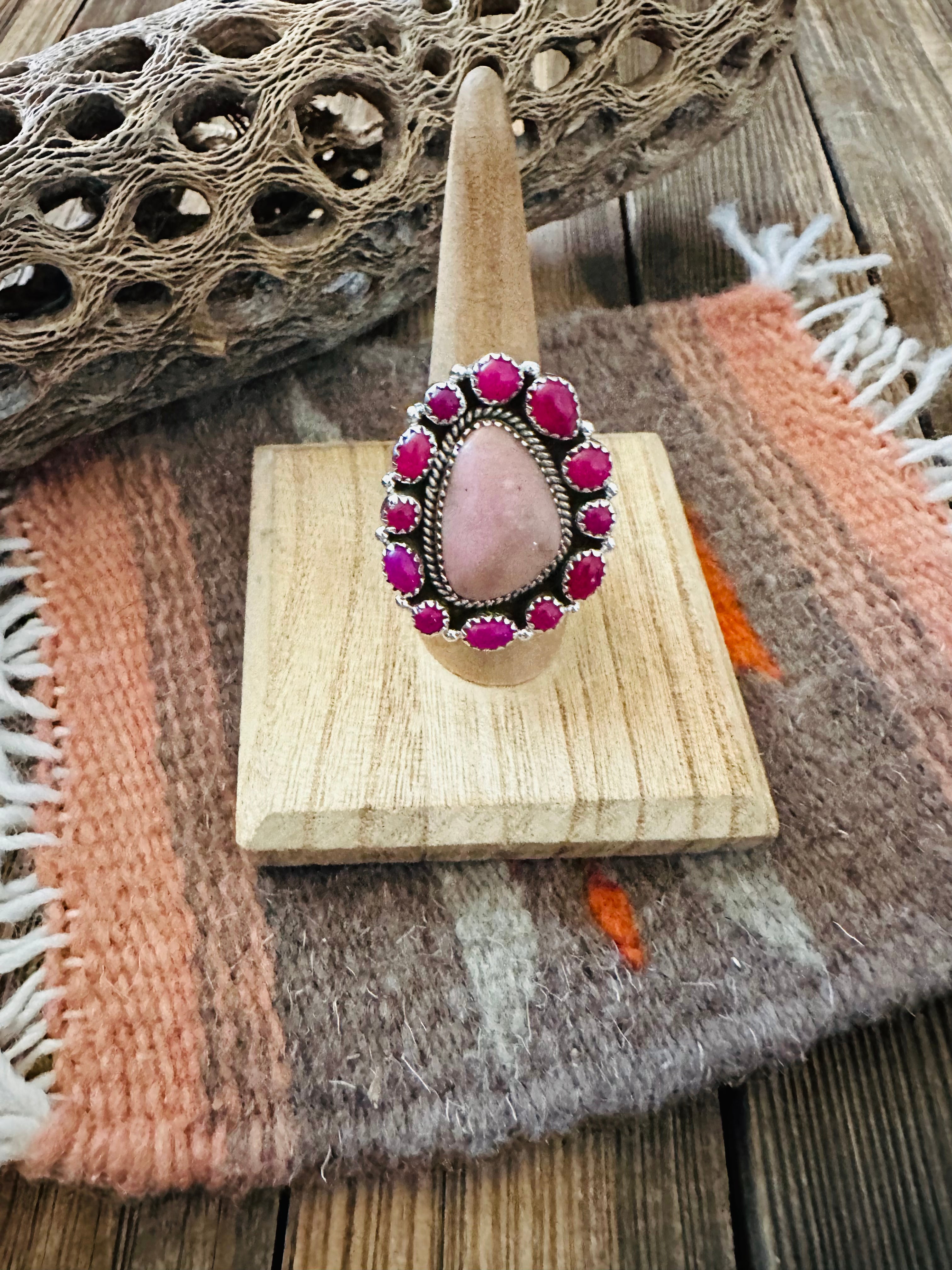 Handmade Sterling Silver, Patalite & Pink Onyx Cluster Adjustable Ring