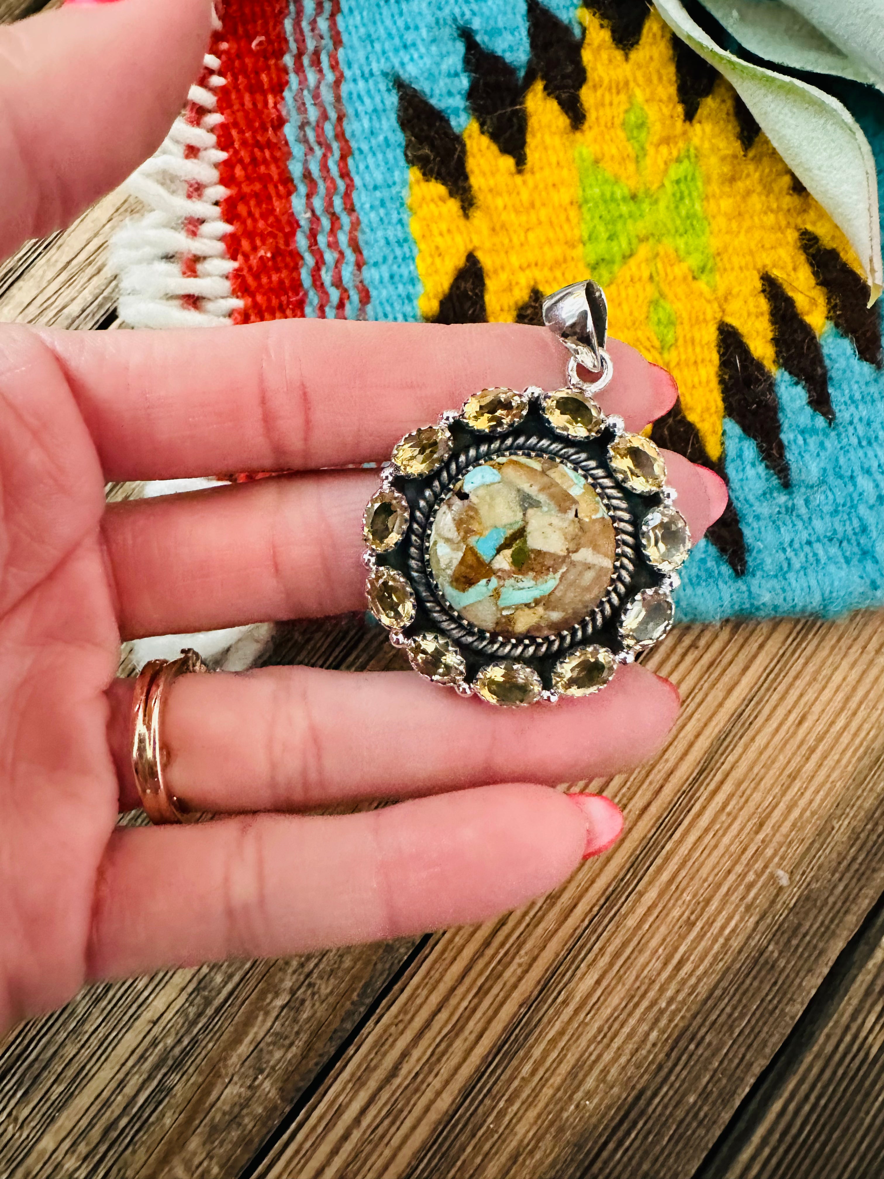 Handmade Sterling Silver, Turquoise & Citrine Cluster Pendant