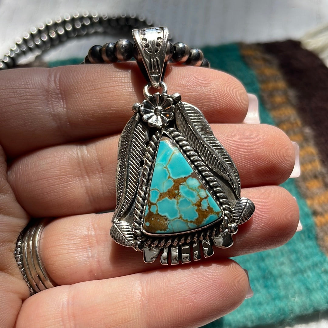 Handmade Sterling Silver & Number 8 Turquoise Pendant Signed Nizhoni