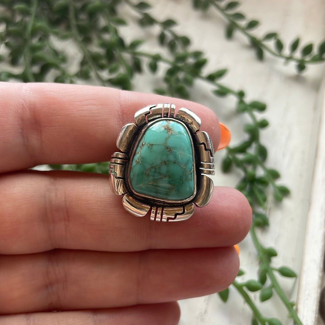 Navajo Large Single Stone Turquoise Sterling Silver Ring Signed