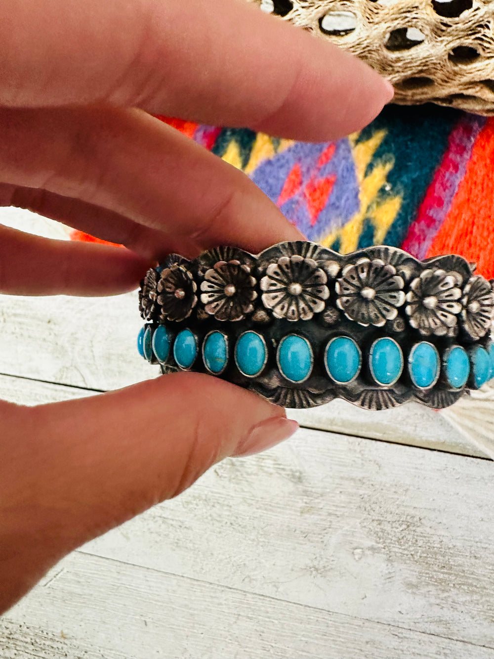 Navajo Turquoise & Sterling Silver Flower Cuff Bracelet /