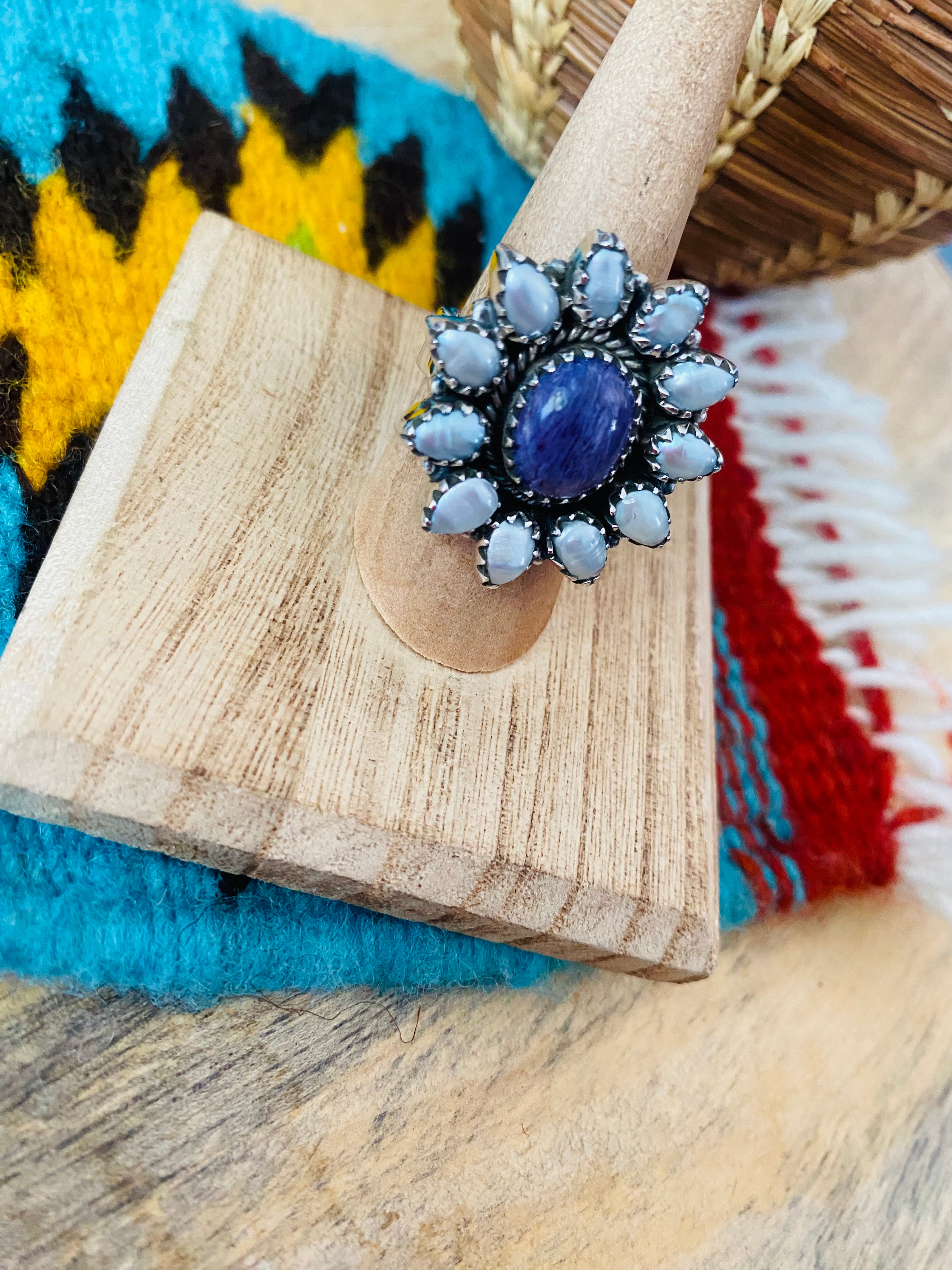 Handmade Sterling Silver, Charoite & Pearl Cluster Adjustable Ring