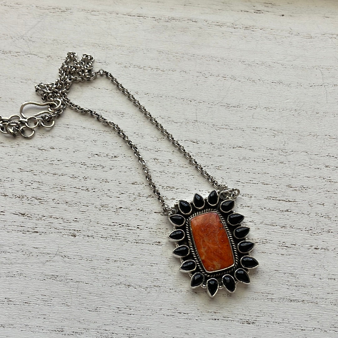 Handmade Sterling Silver, Black Onyx, & Orange Mojave Necklace Signed Nizhoni