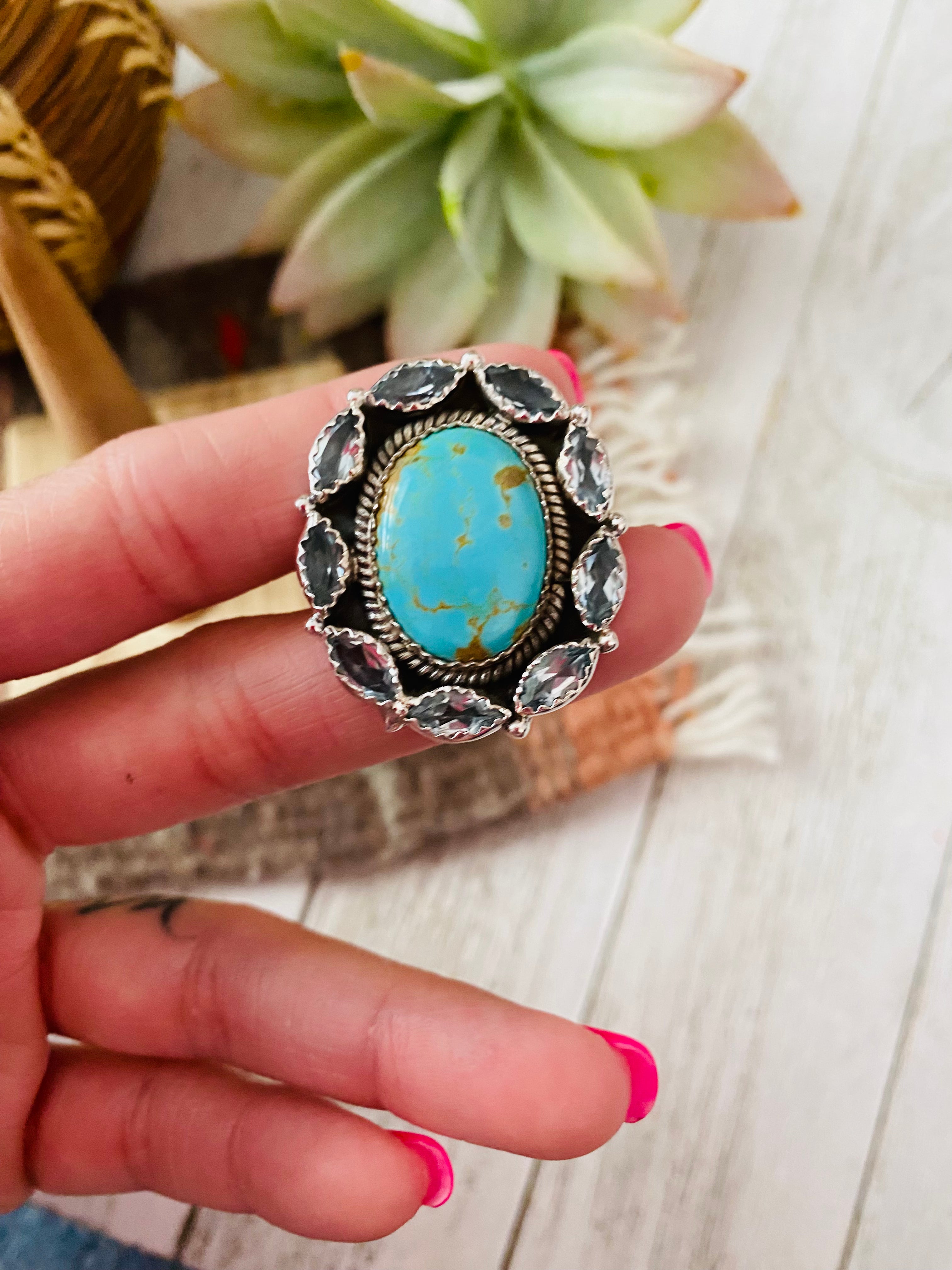 Handmade Sterling Silver, Turquoise & Topaz Cluster Adjustable Ring