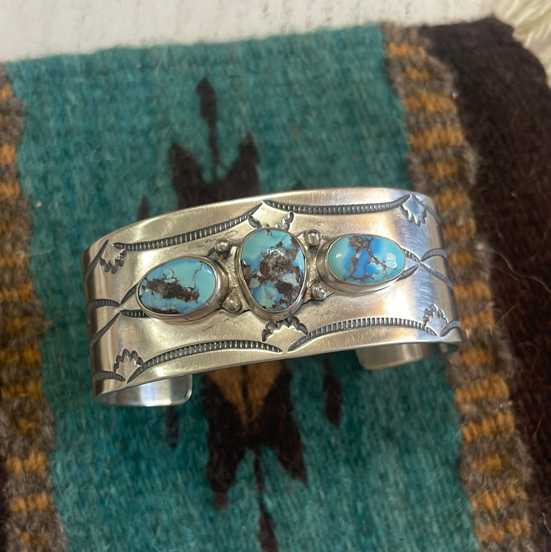 Navajo Golden Hills Turquoise & Sterling Silver Cuff Bracelet Signed