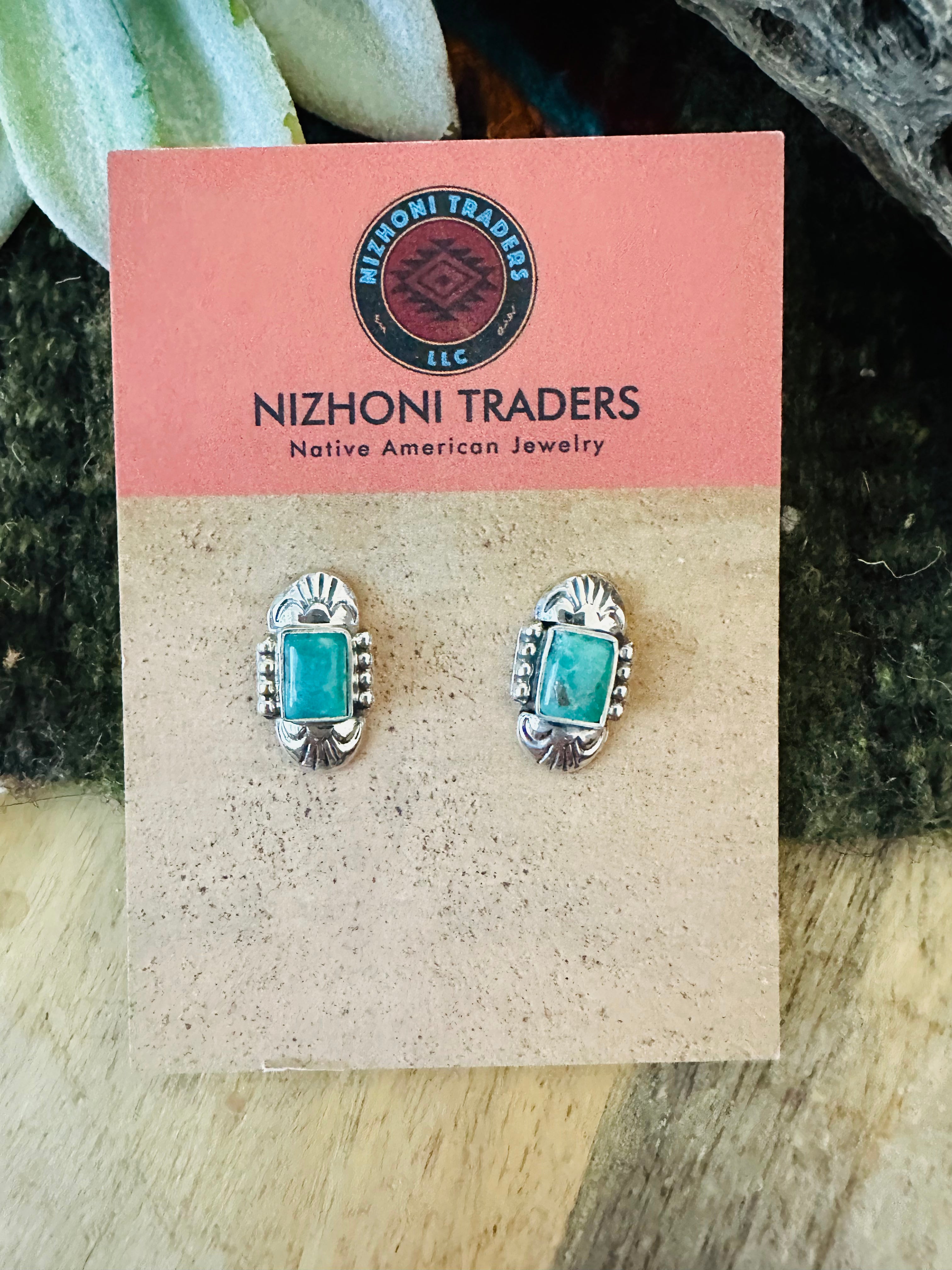 Navajo Turquoise & Sterling Silver Rectangle Stud Earrings