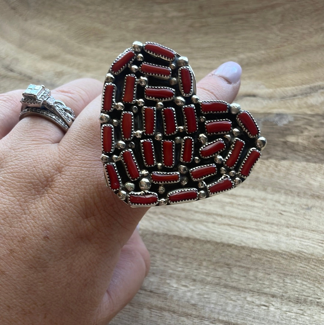 Navajo Coral Sterling Silver Adjustable Heart Ring Signed