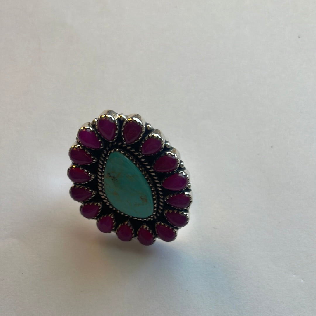 Handmade Pink Onyx & Turquoise Sterling Silver Adjustable Ring Signed Nizhoni