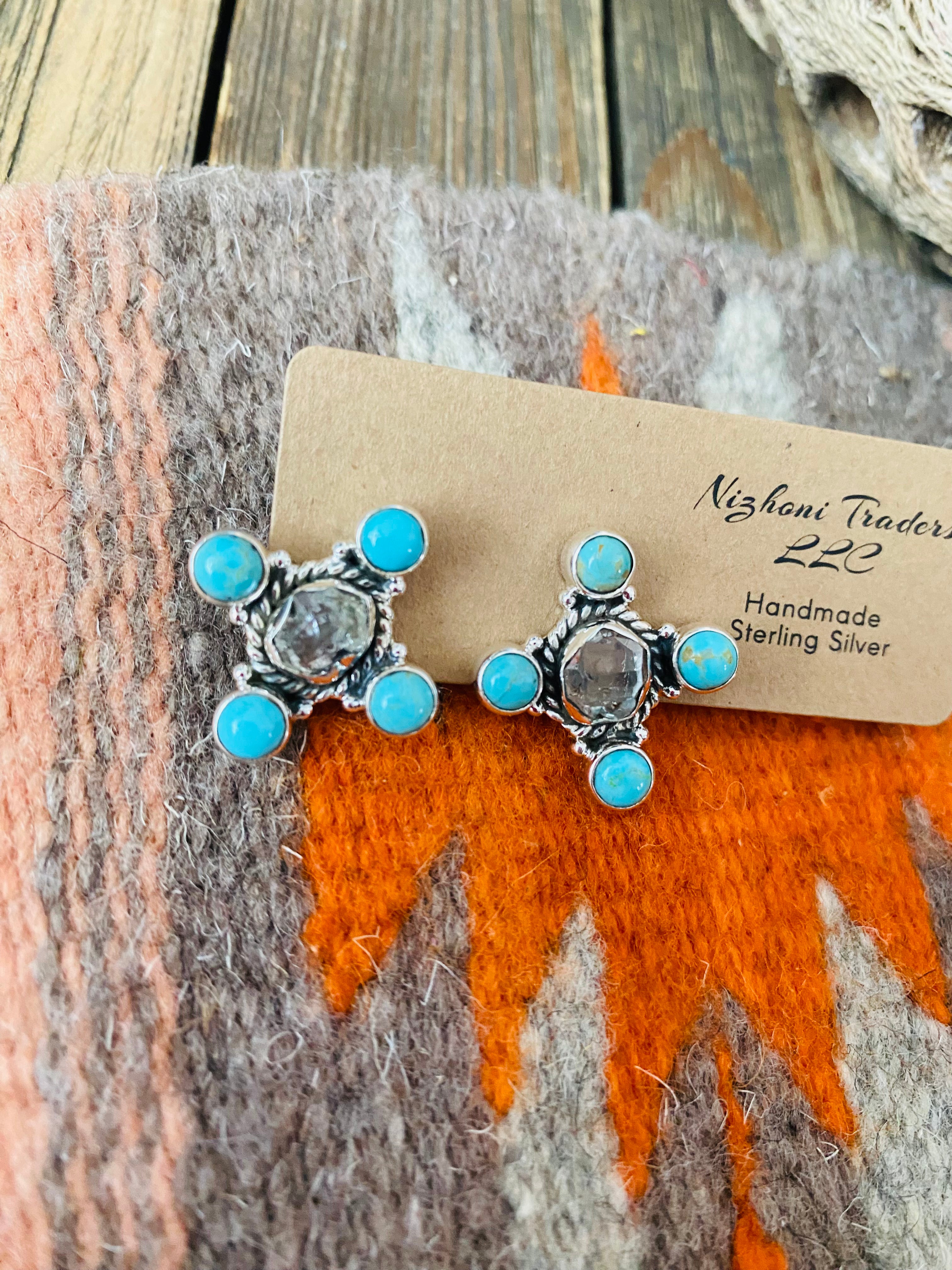 Handmade Herkimer Diamond, Turquoise & Sterling Silver Post Earrings Signed Nizhoni