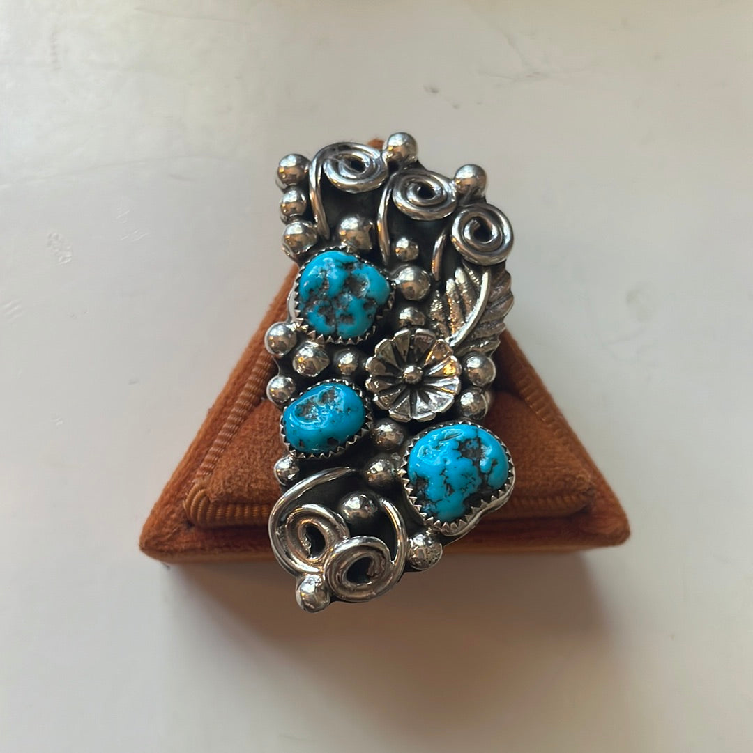 Navajo Sterling Silver & Turquoise Flower Ring Size 12